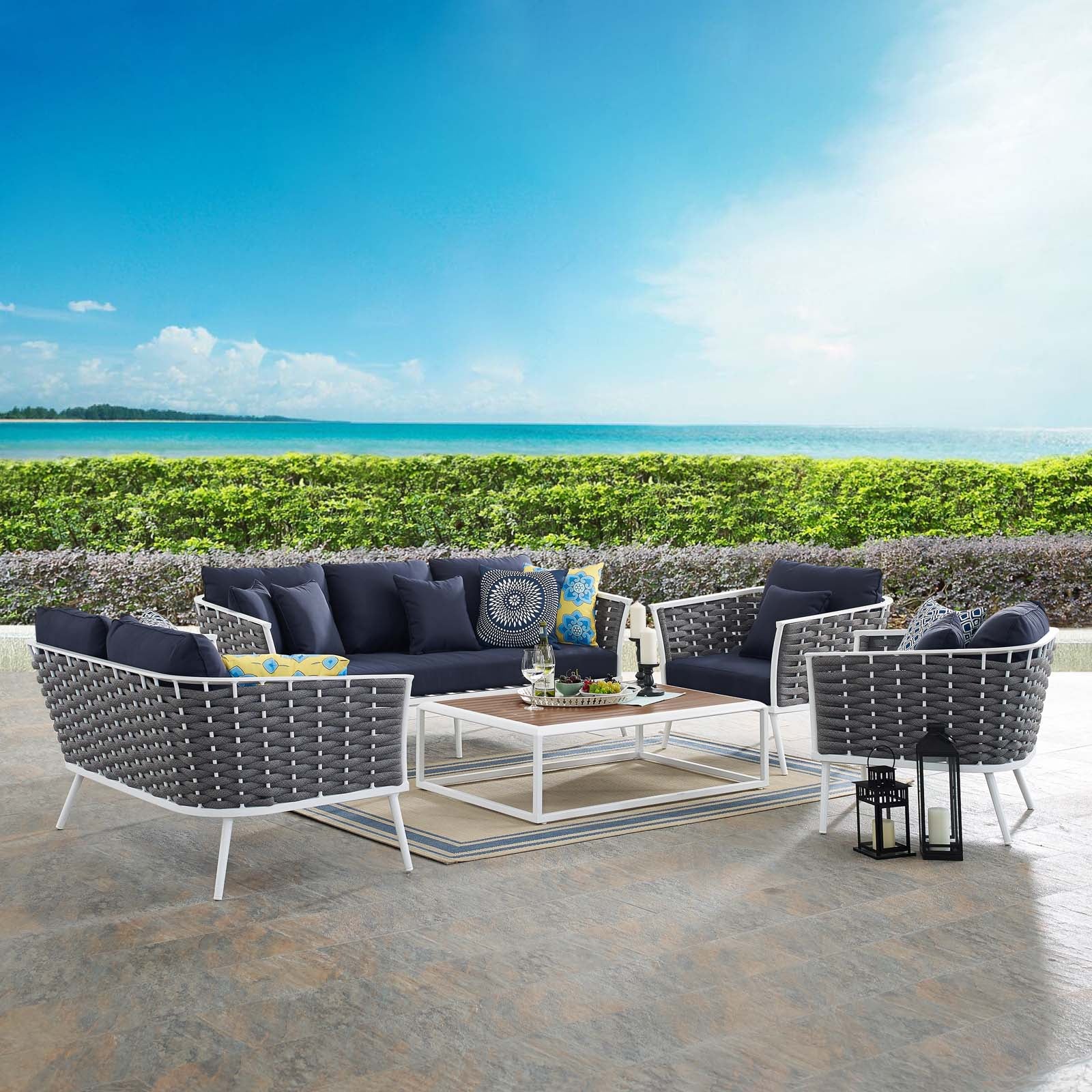 Modway Outdoor Conversation Sets - Stance 5 Piece Outdoor 139.5"W Patio Aluminum Sectional Sofa Set White