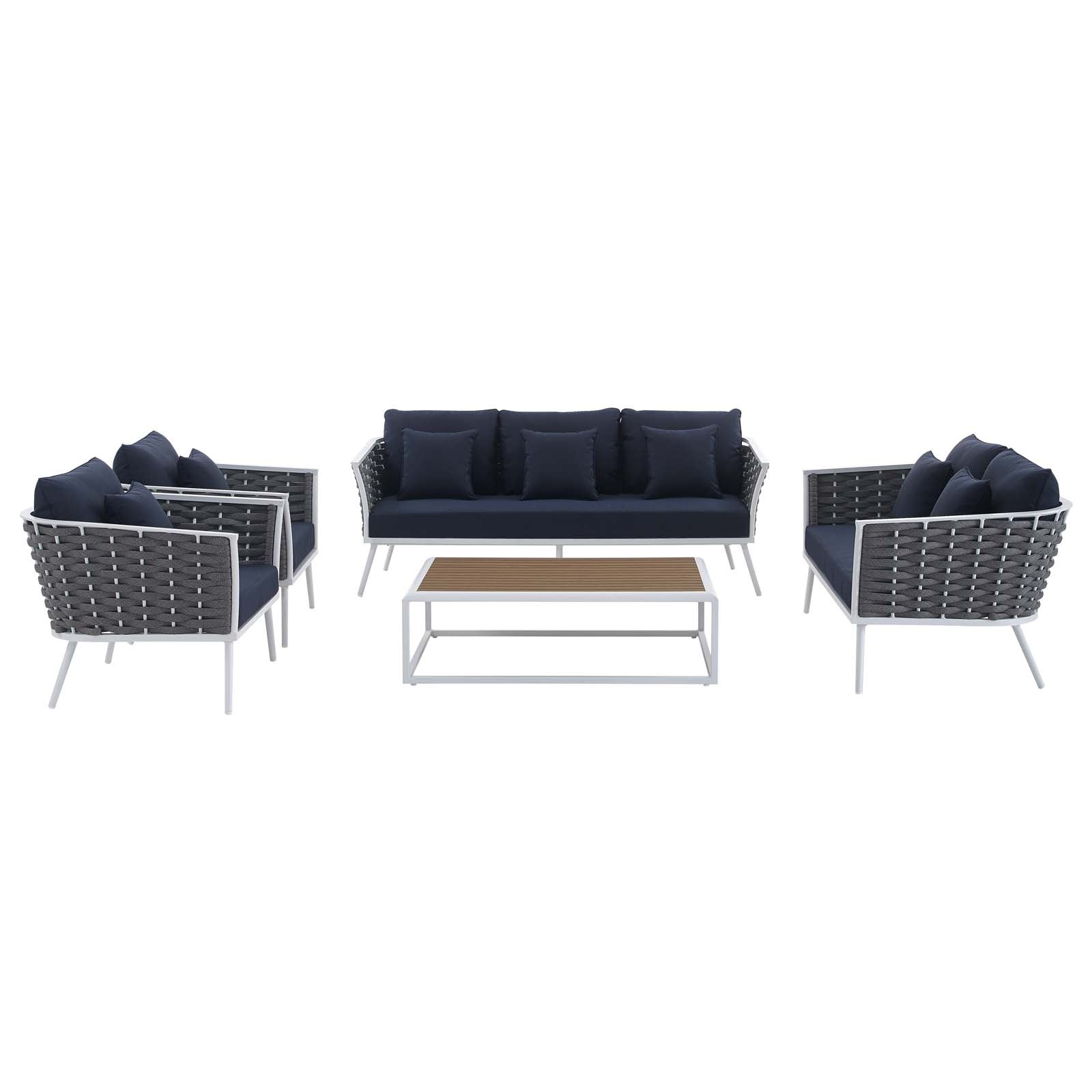 Modway Outdoor Conversation Sets - Stance 5 Piece Outdoor 139.5"W Patio Aluminum Sectional Sofa Set White