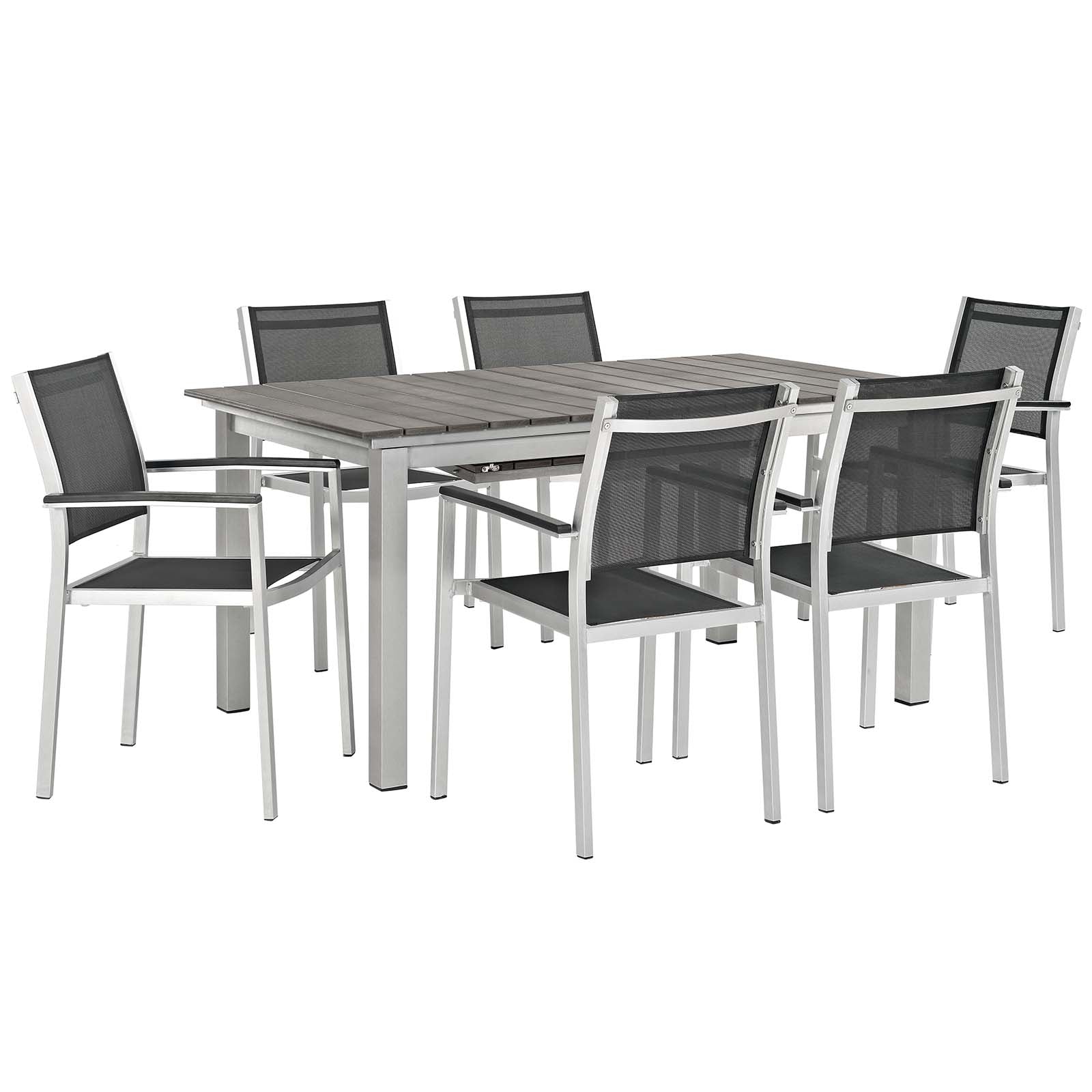 Modway Outdoor Dining Sets - Shore 7 Piece Outdoor Patio Aluminum Dining Set Silver Black