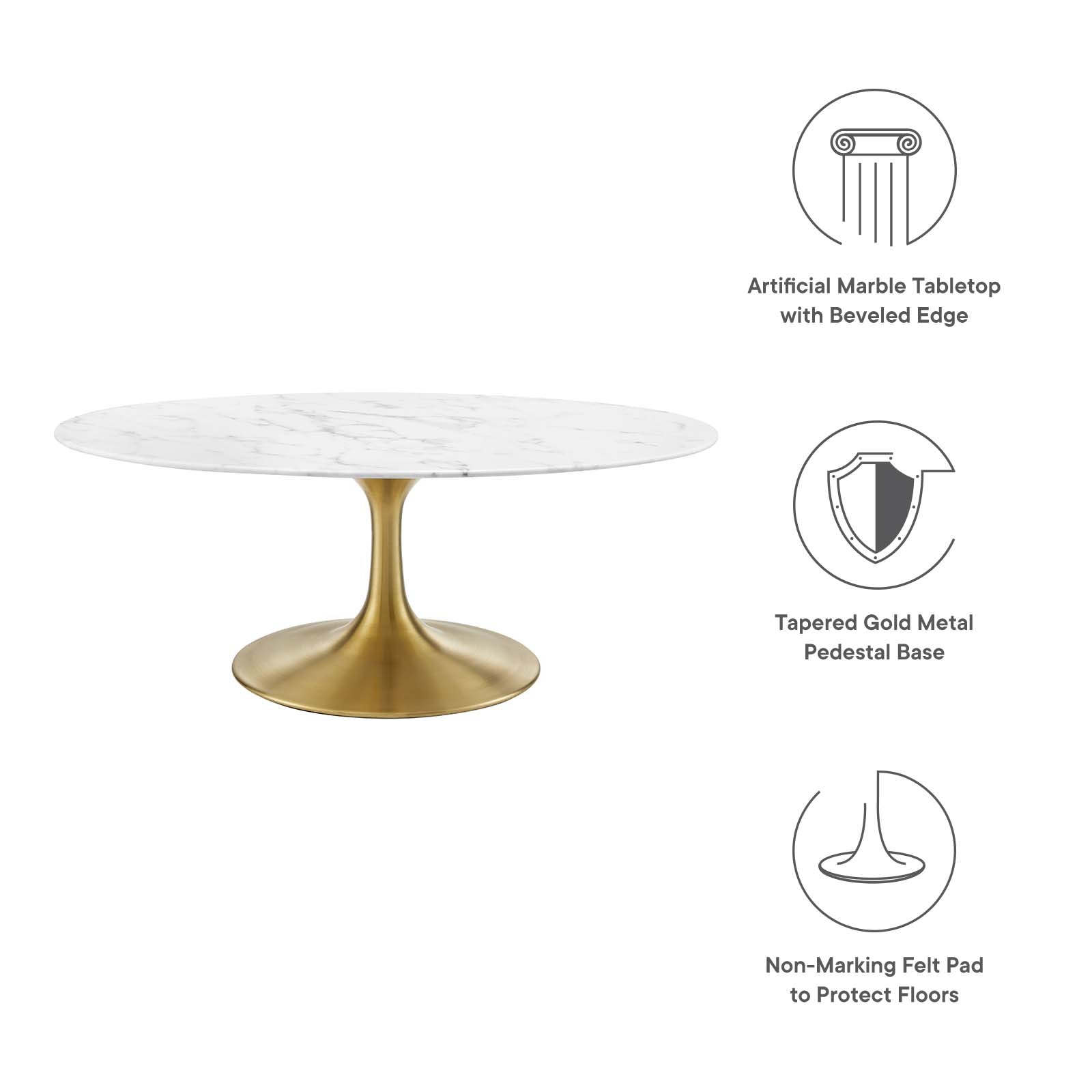 Modway Coffee Tables - Lippa 42" Oval-Shaped Artifical Artificial Marble Coffee Table Gold White