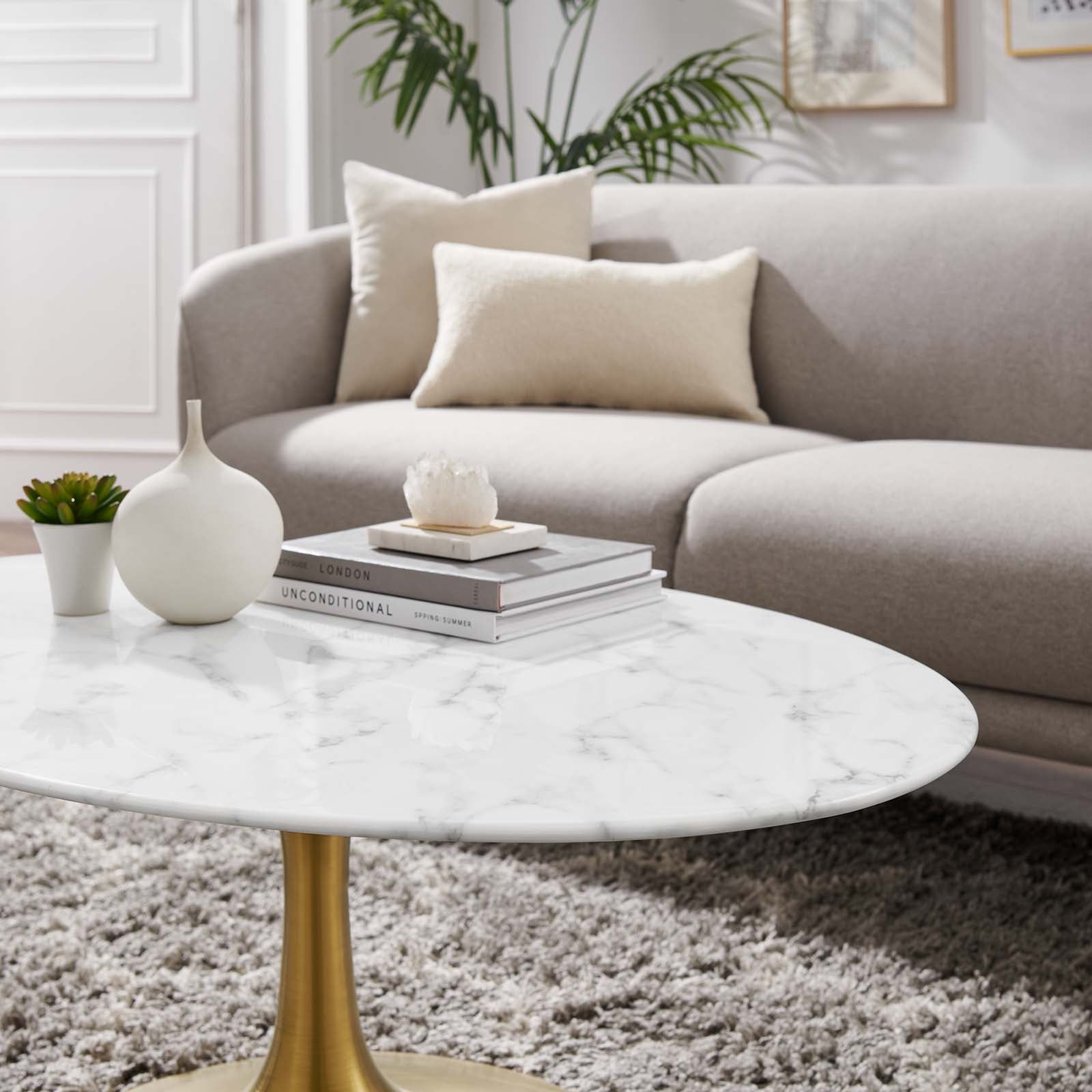 Modway Coffee Tables - Lippa 42" Oval-Shaped Artifical Artificial Marble Coffee Table Gold White