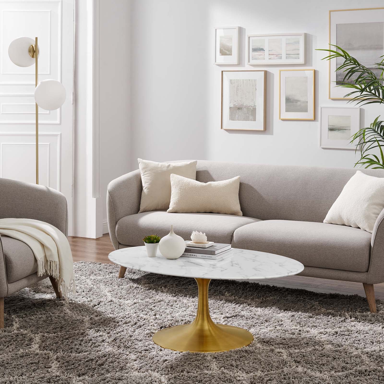 Modway Coffee Tables - Lippa 42" Oval-Shaped Artifical Artificial Marble Coffee Table Gold White