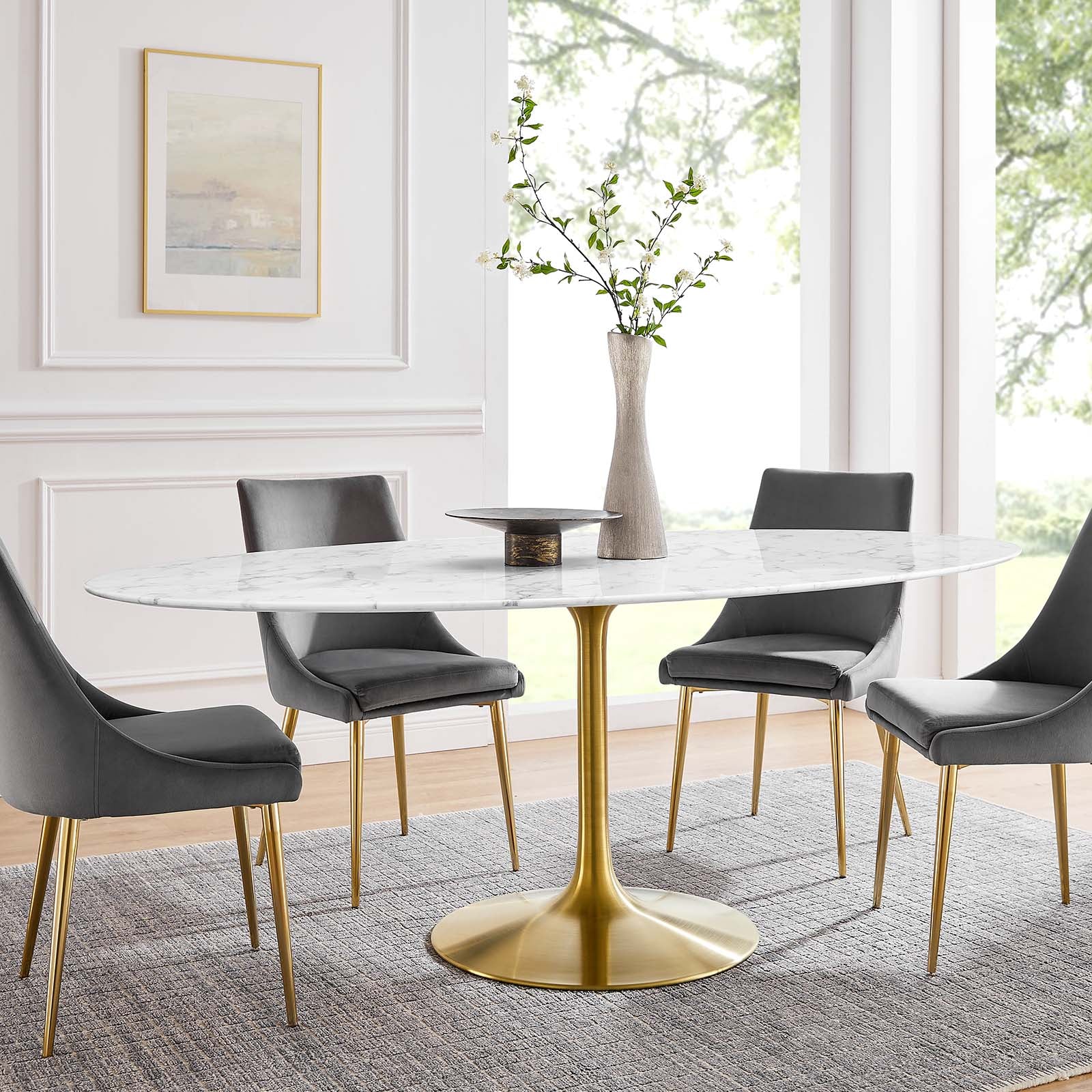 Modway Dining Tables - Lippa 78" Oval Artificial Marble Dining Table Gold White