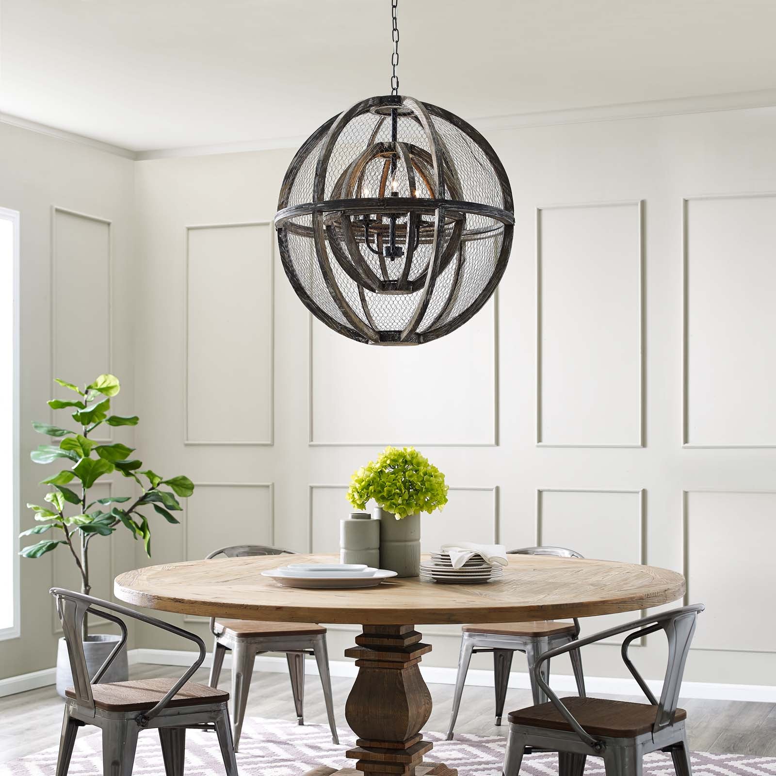 Modway Ceiling Lights - Gravitate Globe Rustic Oak Wood Pendant Light Chandelier Rustic Oak