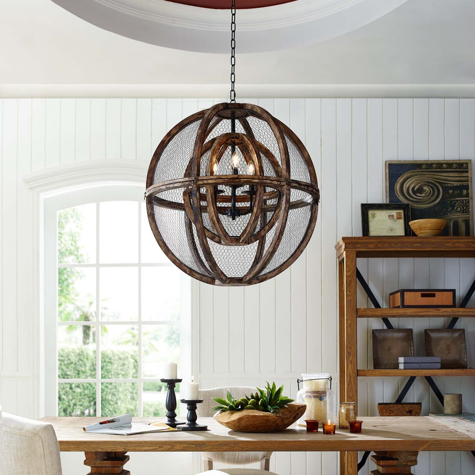 Modway Ceiling Lights - Gravitate Globe Rustic Oak Wood Pendant Light Chandelier Rustic Oak