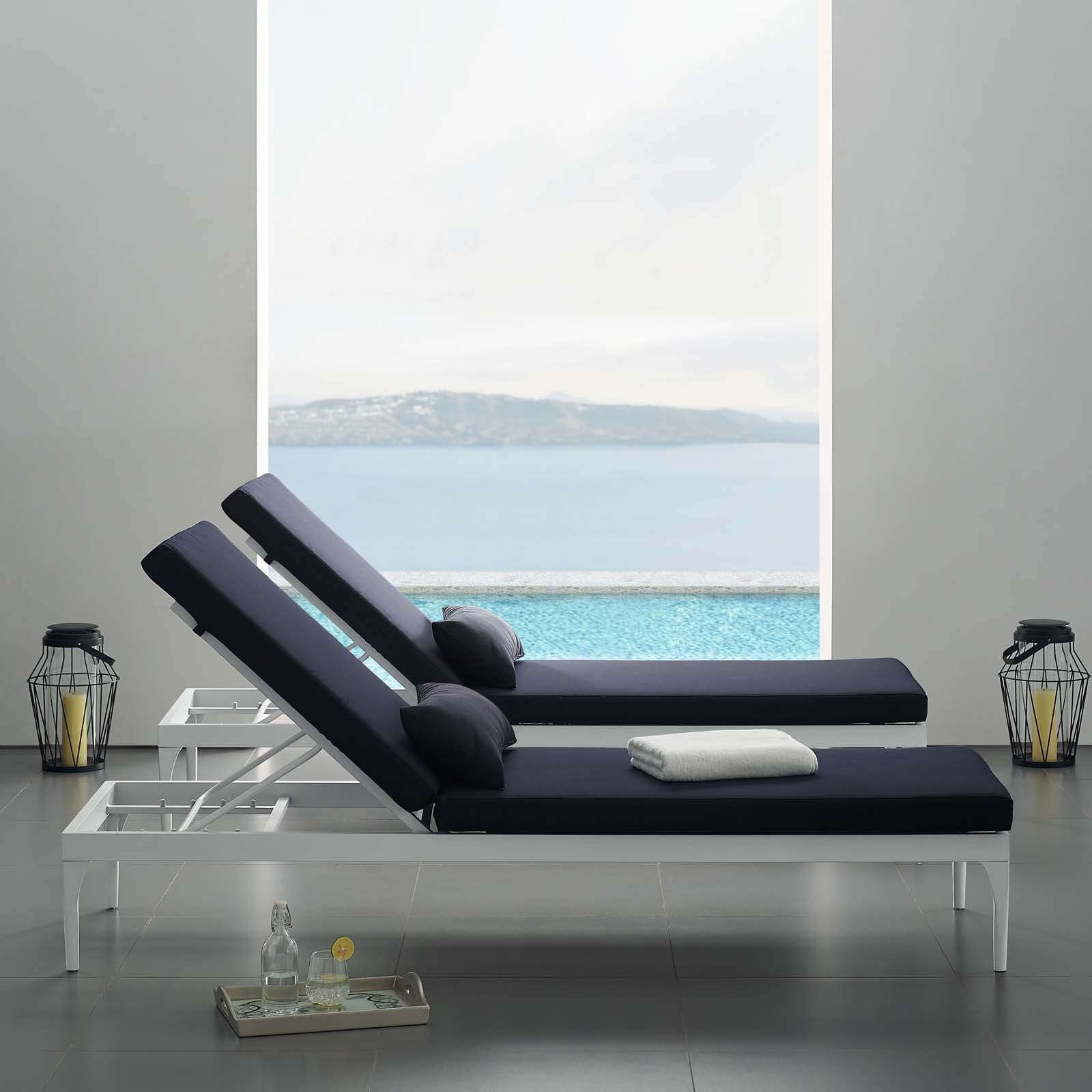 Modway Outdoor Loungers - Perspective Cushion Outdoor Patio Chaise Lounge Chair White Navy