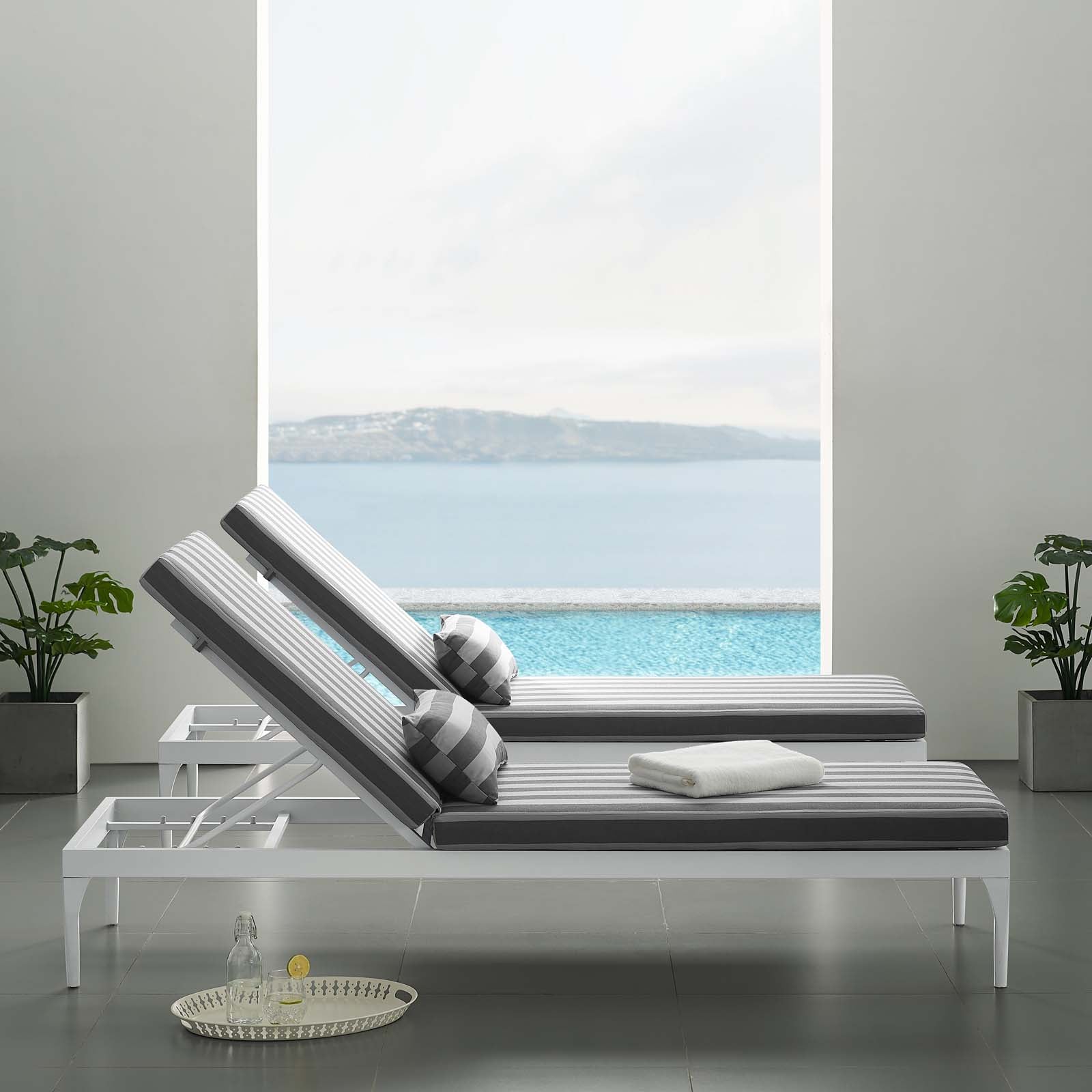 Modway Outdoor Loungers - Perspective Cushion Outdoor Patio Chaise Lounge Chair White Striped Gray