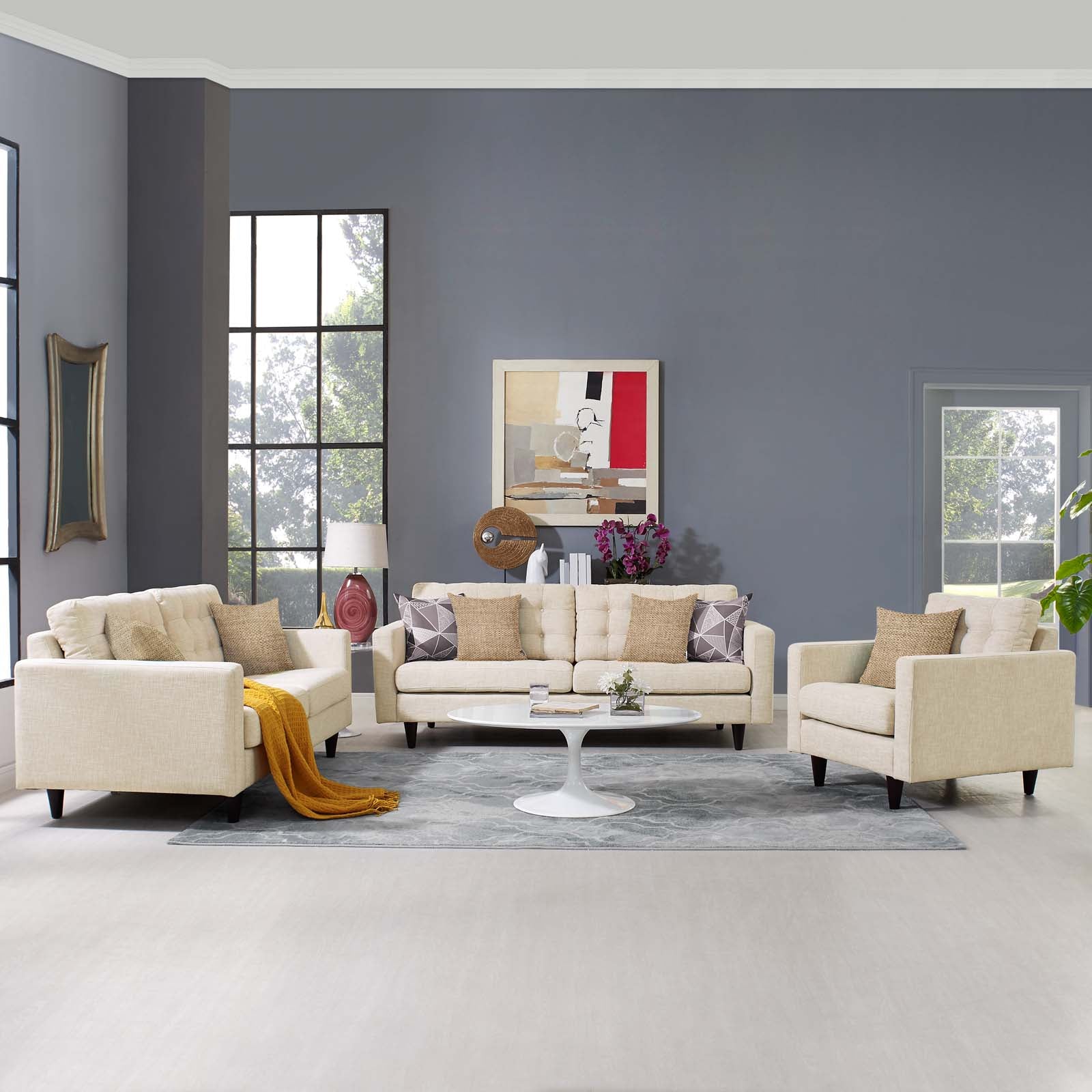 Modway Living Room Sets - Empress Sofa, Loveseat And Armchair Set Of 3 Beige