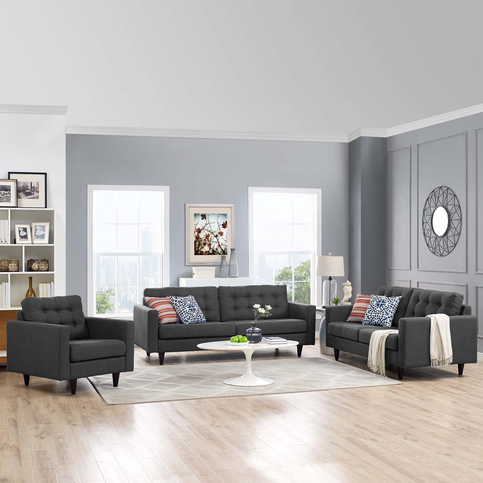 Modway Living Room Sets - Empress Sofa, Loveseat And Armchair Set Of 3 Gray