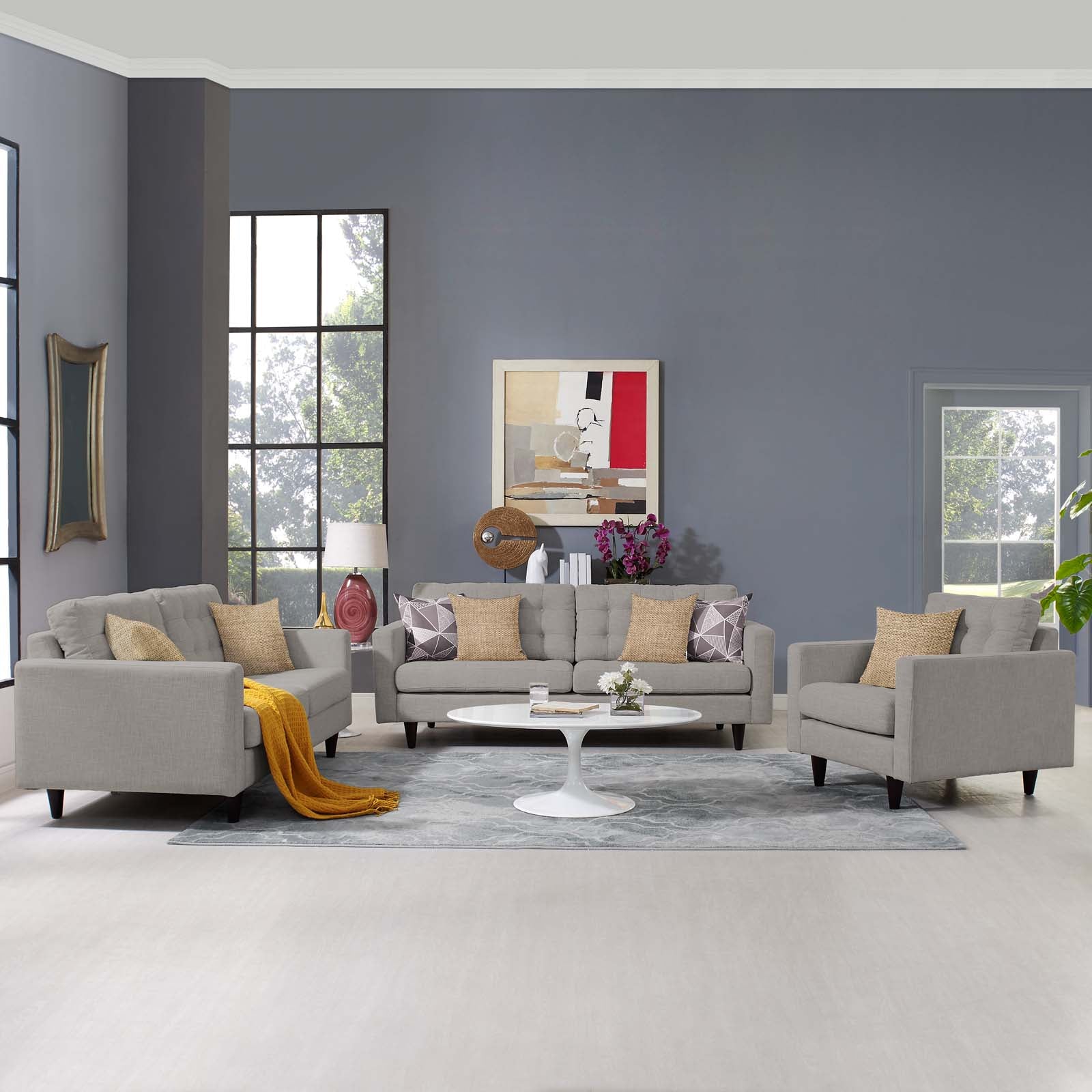 Modway Living Room Sets - Empress Sofa, Loveseat and Armchair ( Set Of 3 ) Light Gray