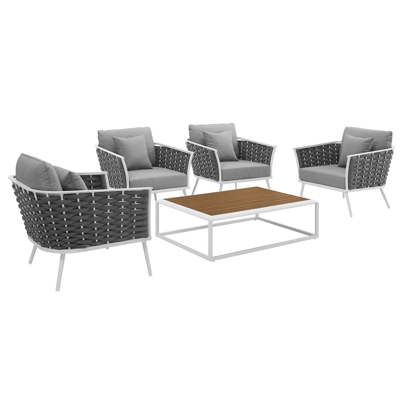 Modway Outdoor Conversation Sets - Stance 5 Piece Outdoor 129"W & 64.5 D Patio Aluminum Sectional Sofa Set White