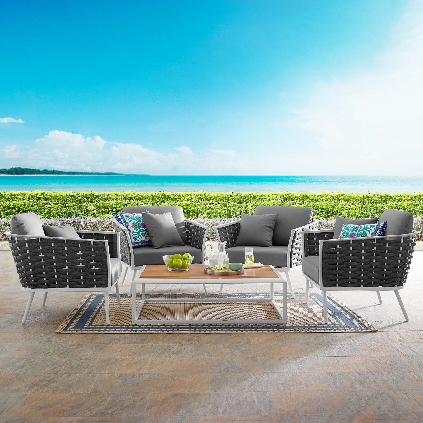 Modway Outdoor Conversation Sets - Stance 5 Piece Outdoor 129"W & 64.5 D Patio Aluminum Sectional Sofa Set White