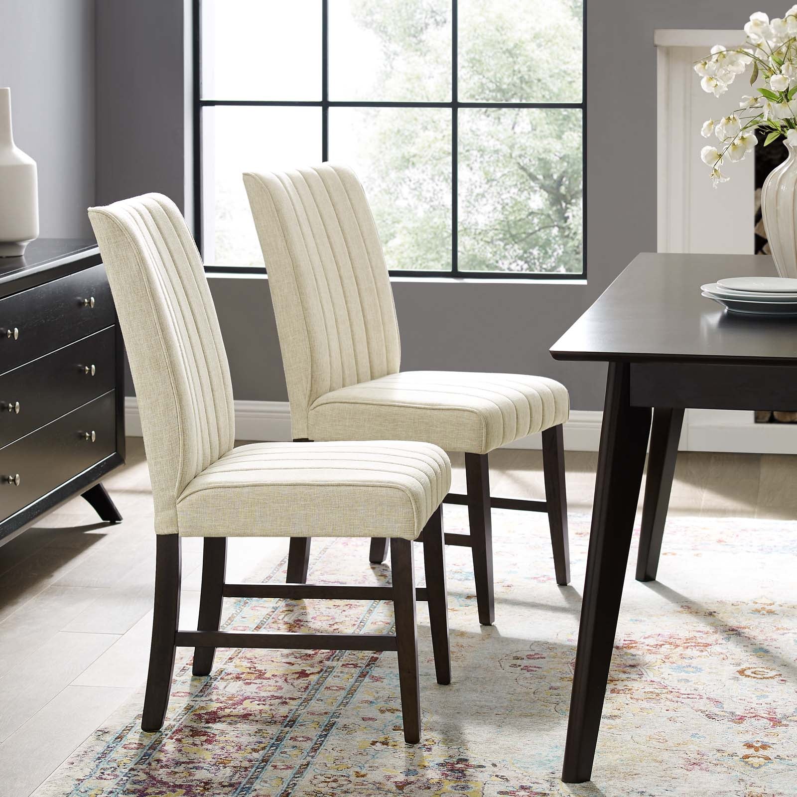 Modway Dining Chairs - Motivate Channel Tufted Upholstered Fabric Dining Chair Set of 2 Beige