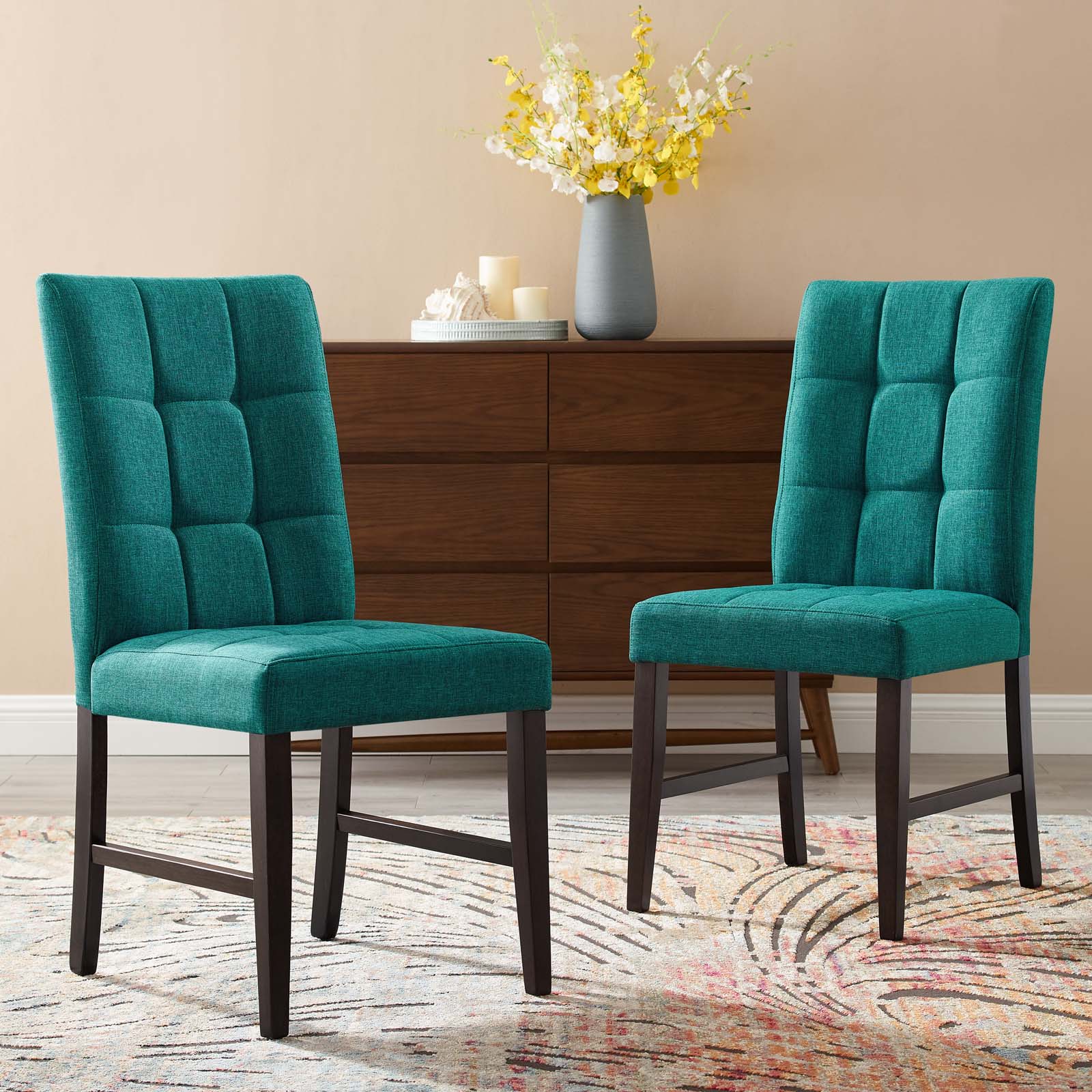 Modway Dining Chairs - Promulgate Biscuit Tufted Upholstered Fabric Dining Chair Set Of 2 Teal