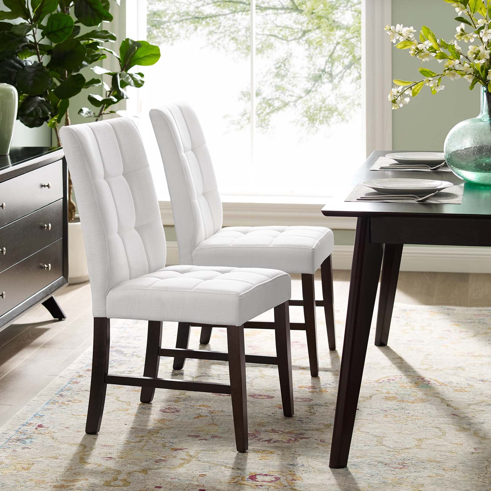 Modway Dining Chairs - Promulgate Biscuit Tufted Upholstered Fabric Dining Chair Set of 2 White