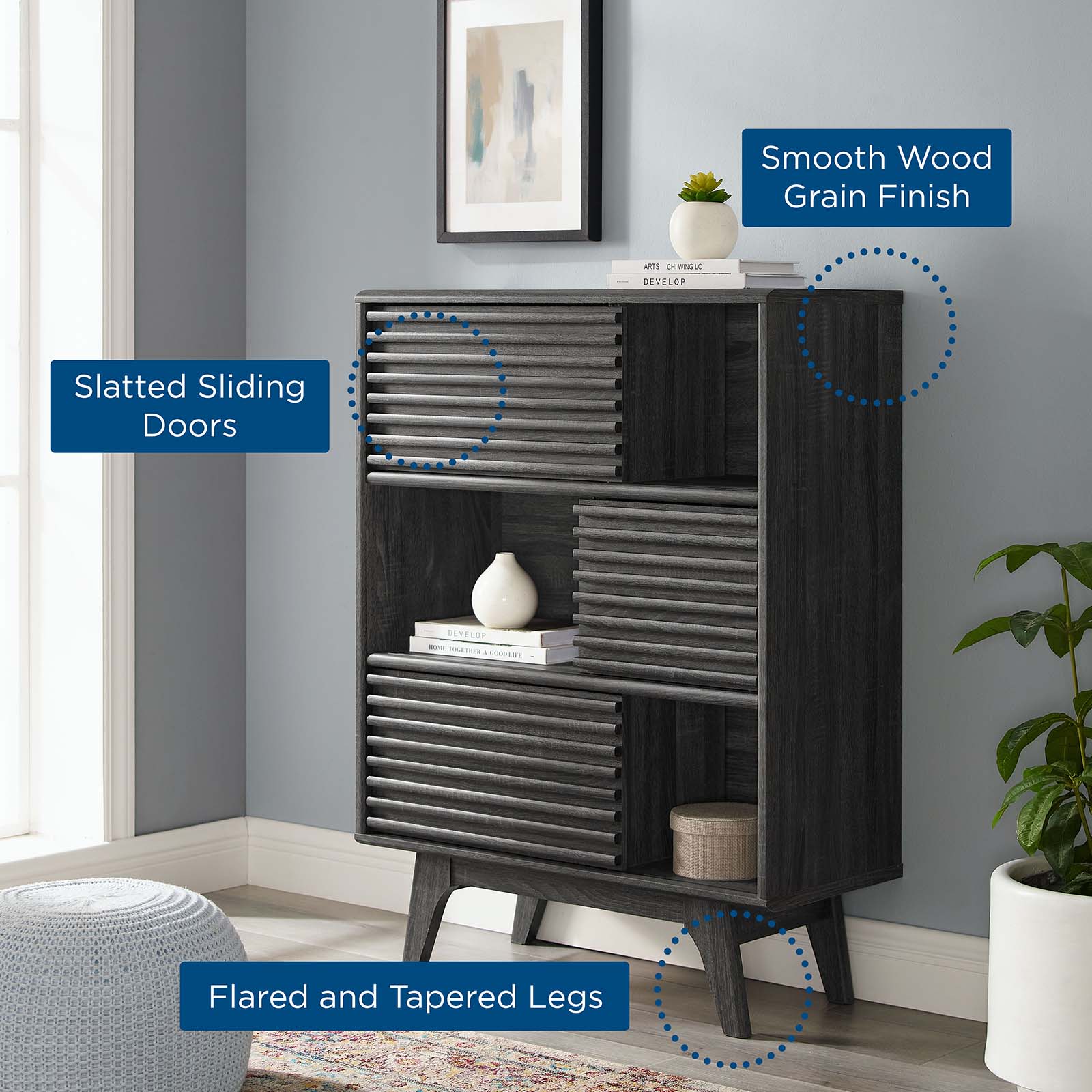 Modway Bookcases & Display Units - Render-Three-Tier-Display-Storage-Cabinet-Stand-Charcoal