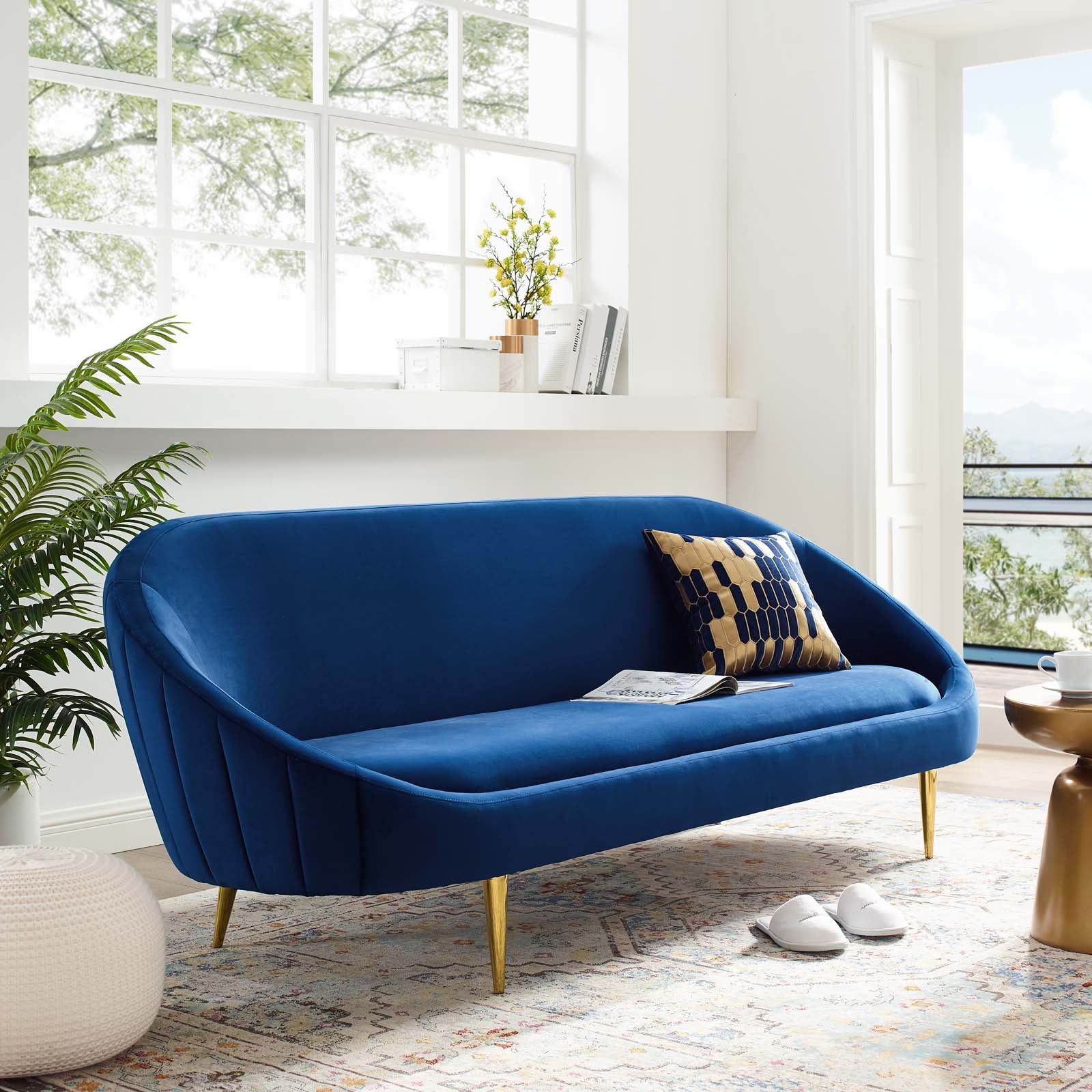 Modway Sofas & Couches - Sublime Vertical Curve Back Performance Velvet Sofa Navy