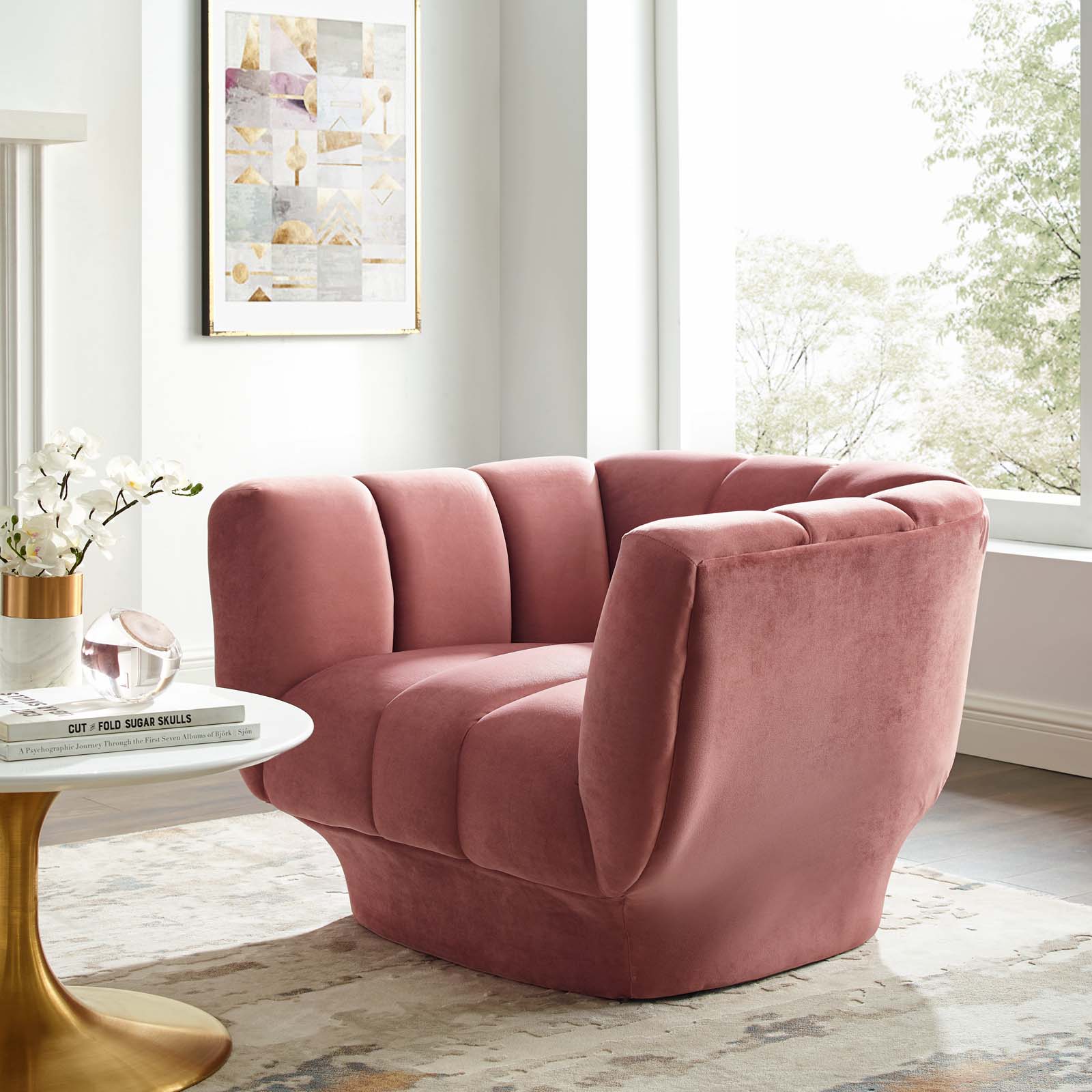 Modway Accent Chairs - Entertain Vertical Channel Tufted Performance Velvet Armchair Dusty Rose