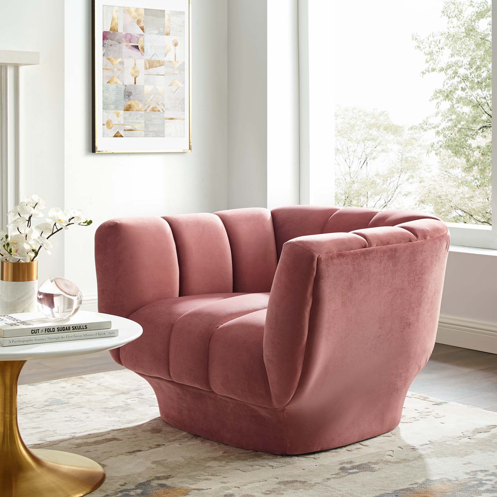 Modway Accent Chairs - Entertain Vertical Channel Tufted Performance Velvet Armchair Dusty Rose