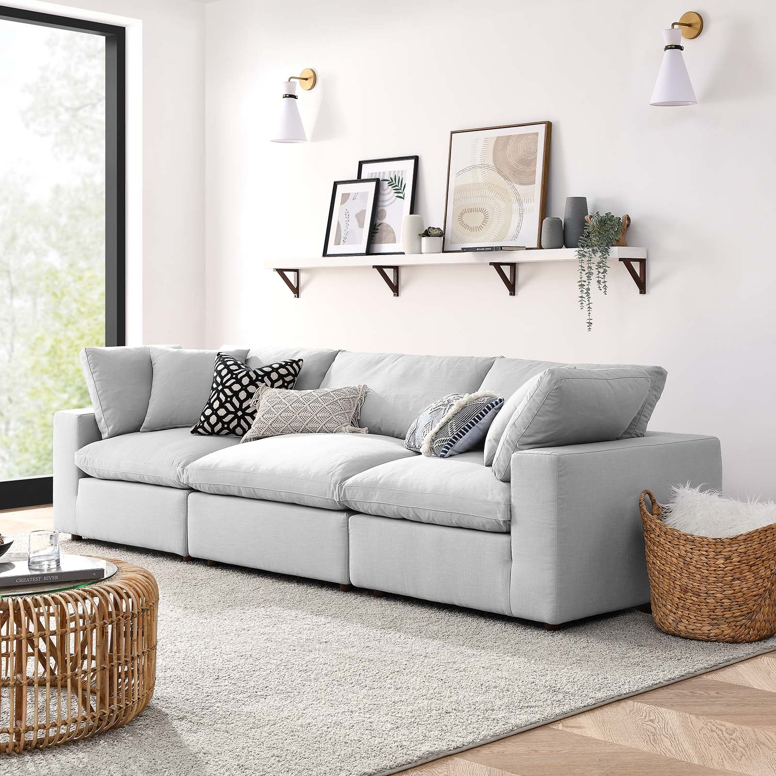 Modway Sectional Sofas - Commix Down Filled Overstuffed 3 Piece Sectional Sofa Set Light Gray
