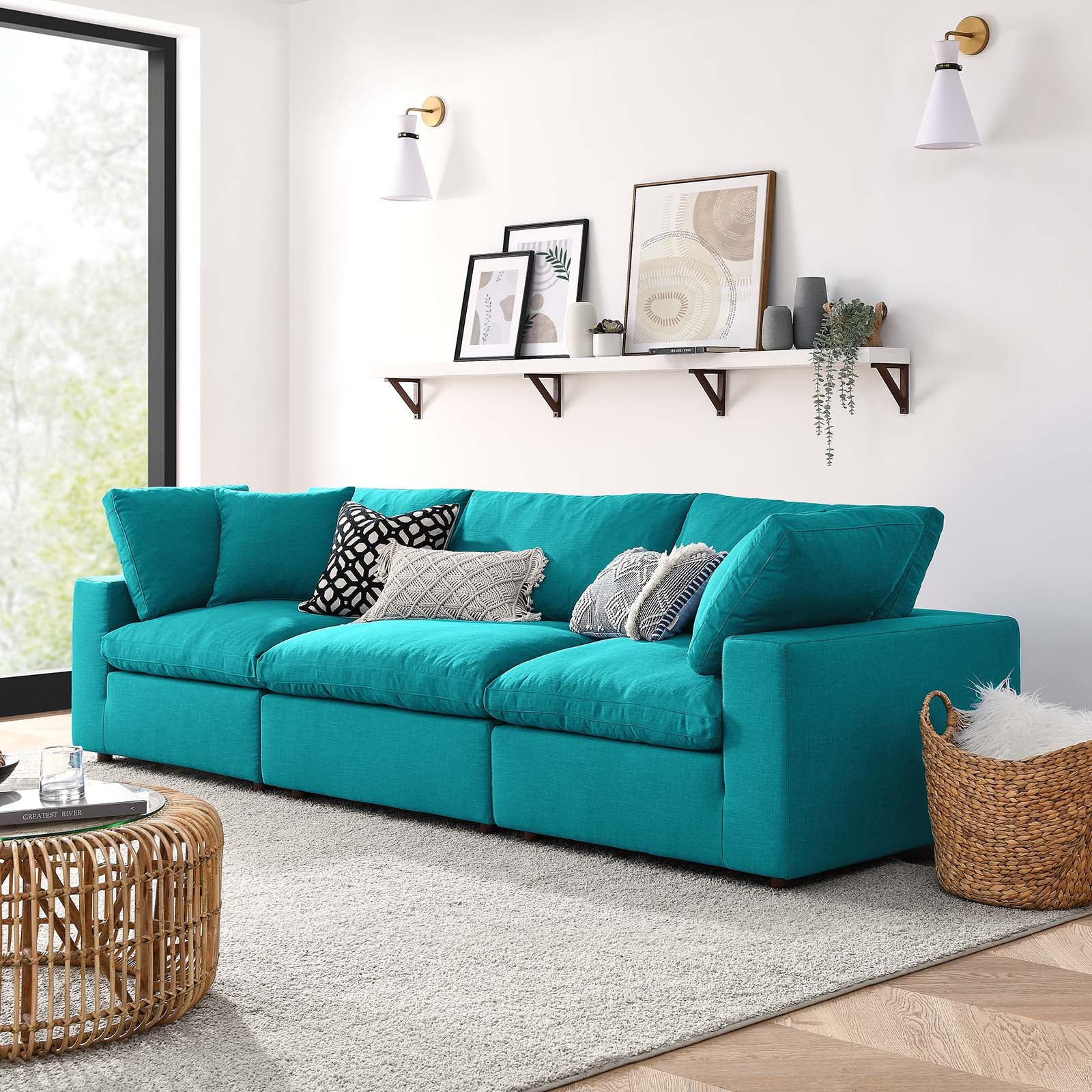 Modway Sectional Sofas - Commix Down Filled Overstuffed 3 Piece Sectional Sofa Set Teal