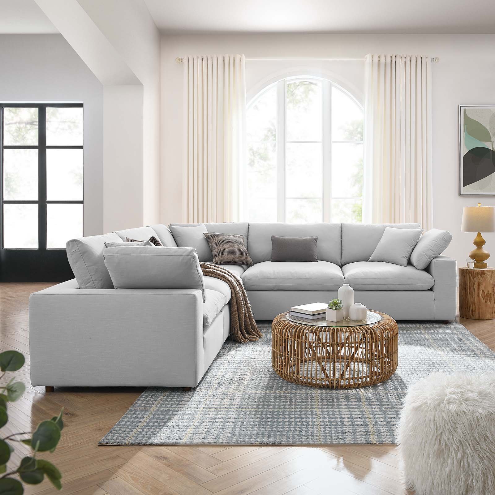 Modway Sectional Sofas - Commix Down Filled Overstuffed 5 Piece 5-Piece Sectional Sofa Light Gray