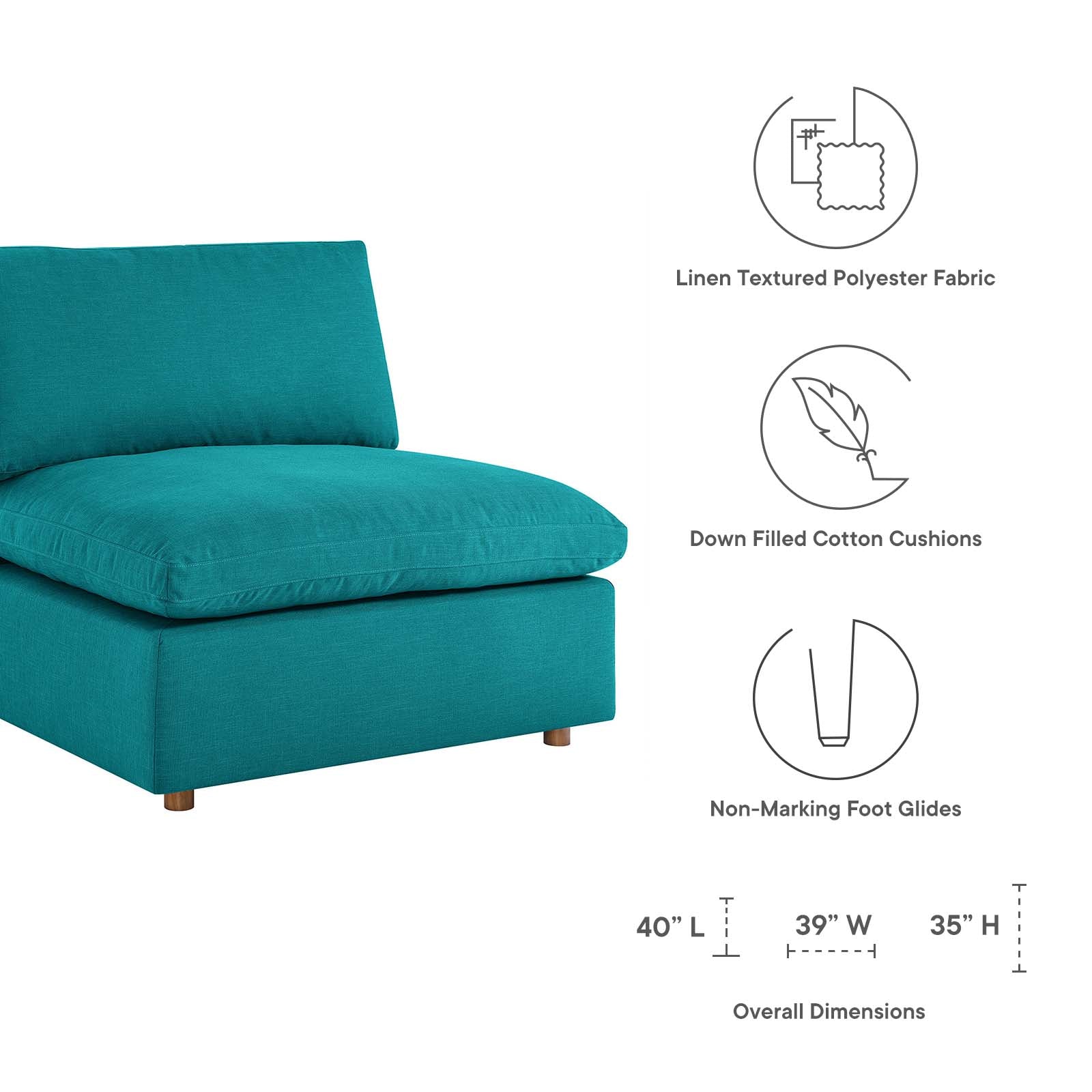 Modway Sectional Sofas - Commix Down Filled Overstuffed 5 Pcs Sectional Sofa Set Teal