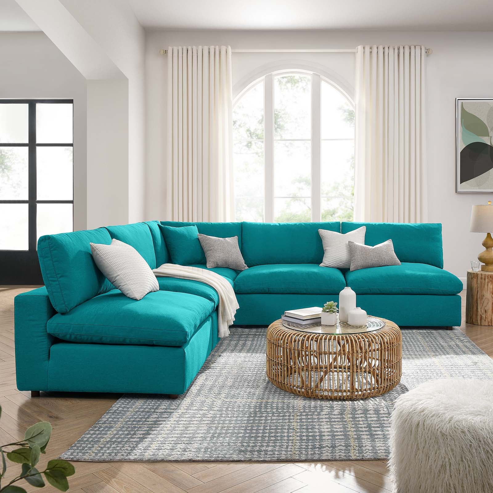 Modway Sectional Sofas - Commix Down Filled Overstuffed 5 Piece Sectional Sofa Set Teal