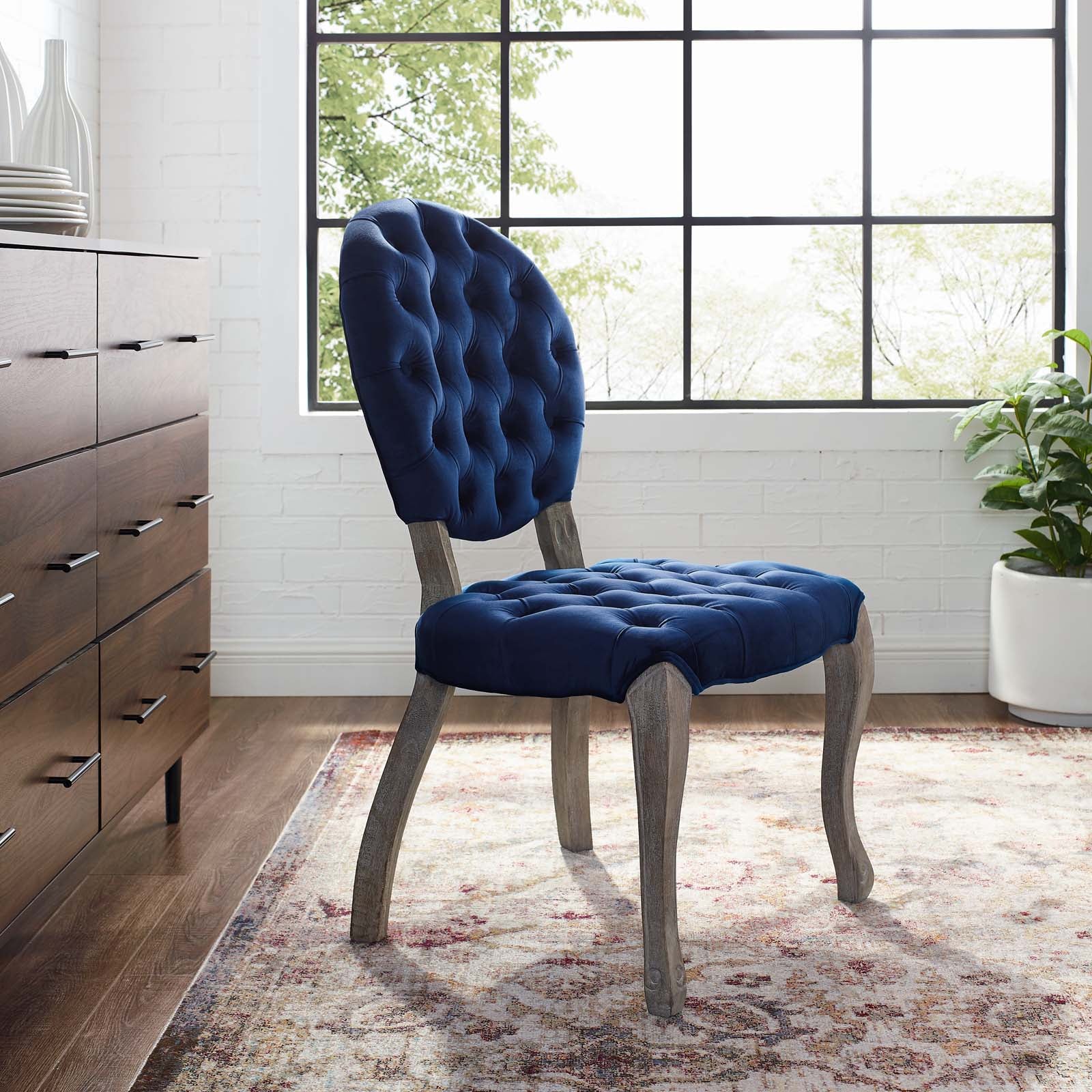 Modway Dining Chairs - Exhibit French Vintage Dining Performance Velvet Side Chair Navy