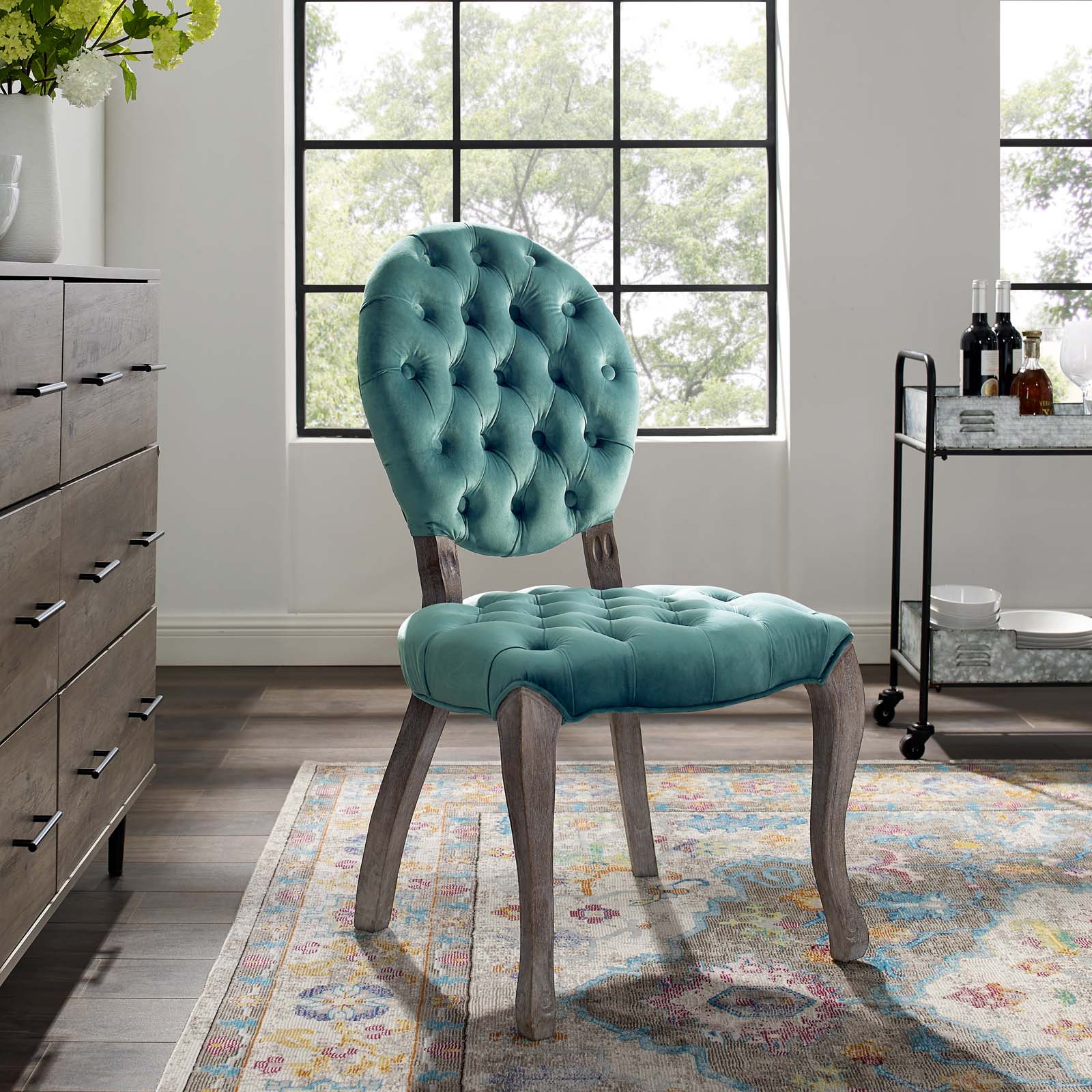 Modway Dining Chairs - Exhibit French Vintage Dining Performance Velvet Side Chair Teal