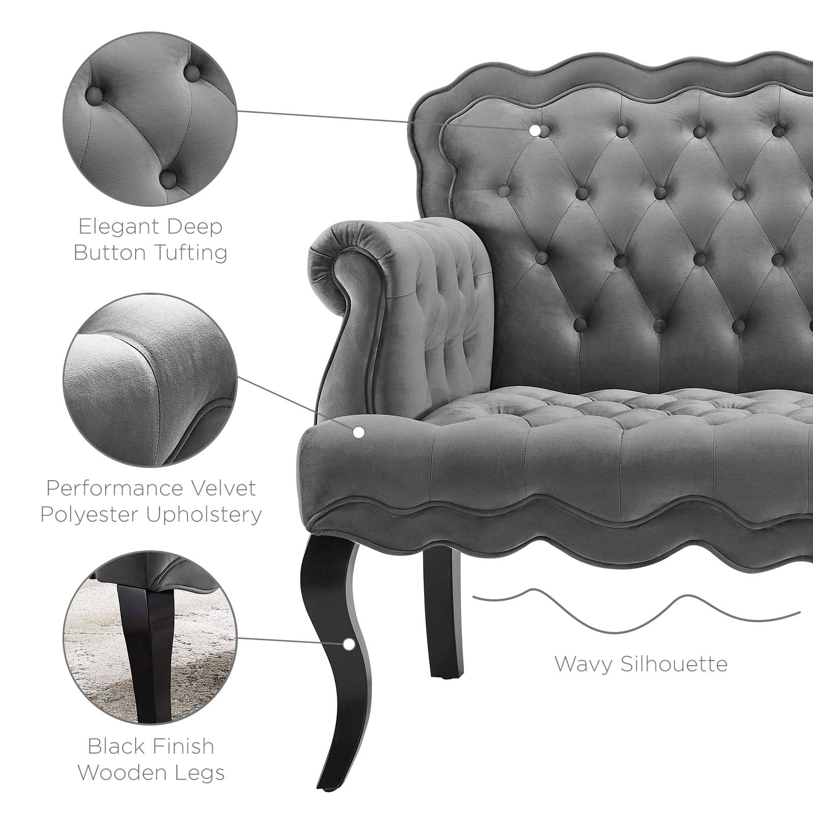 Viola Chesterfield Button Tufted Loveseat Performance Velvet Settee Gray