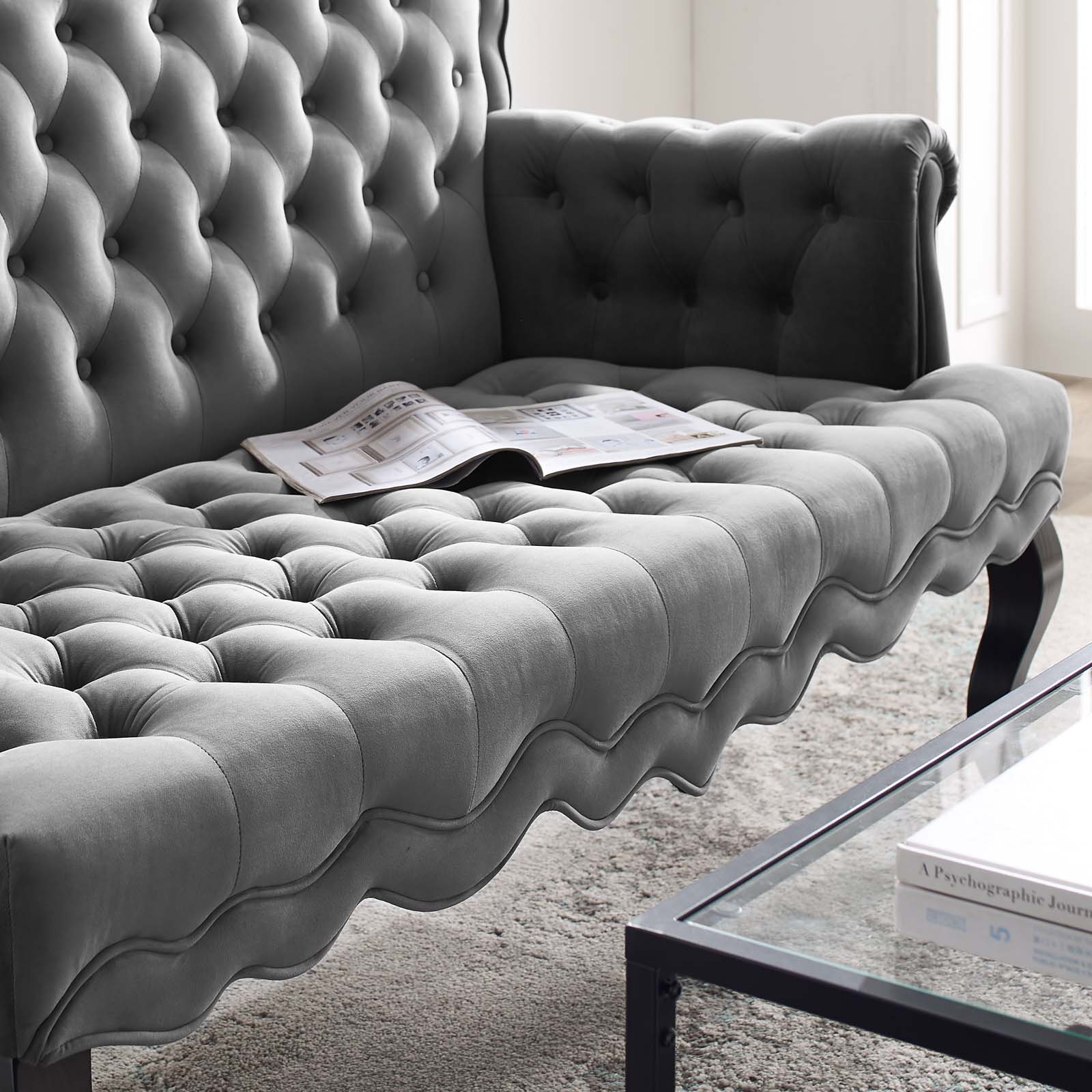Viola Chesterfield Button Tufted Loveseat Performance Velvet Settee Gray