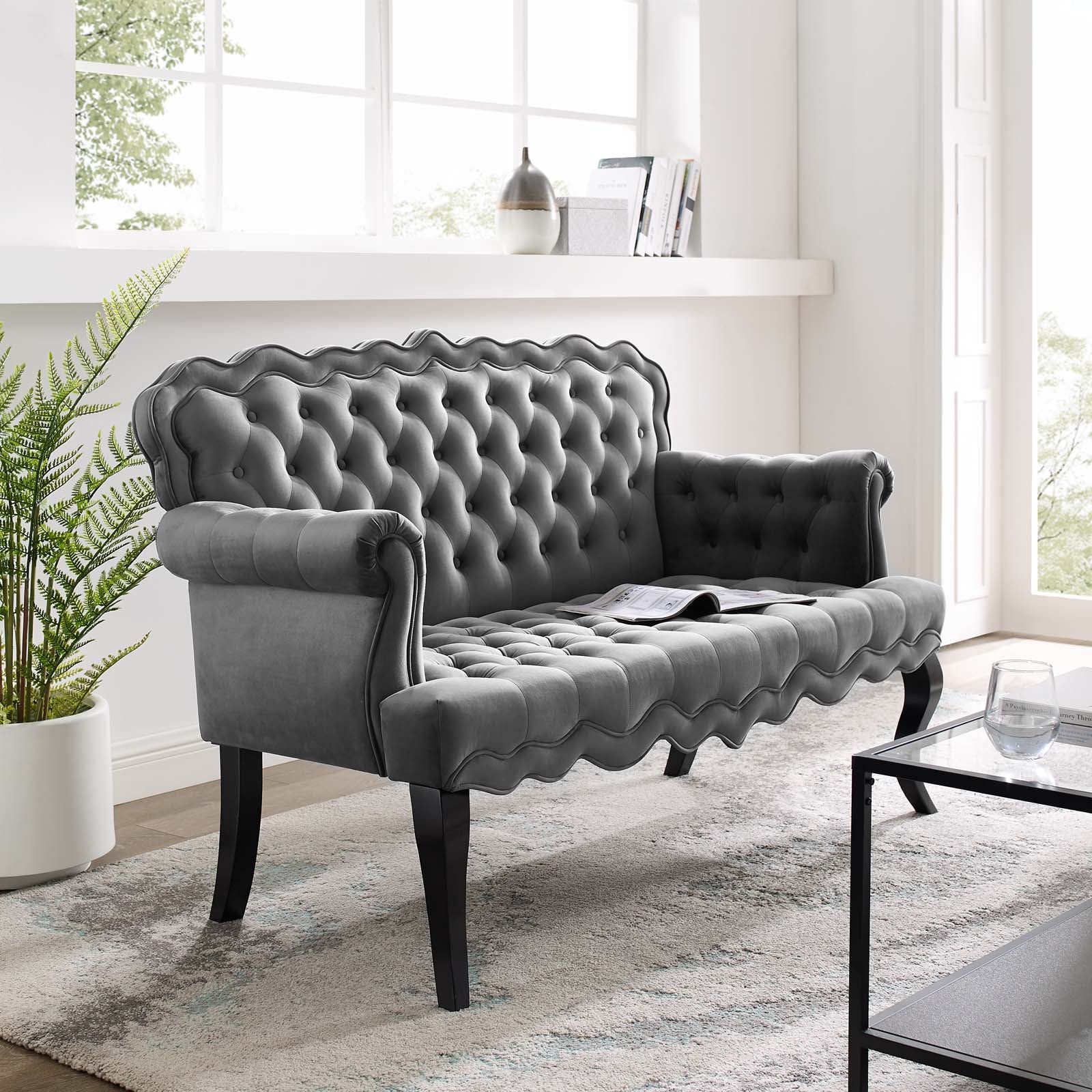 Viola Chesterfield Button Tufted Loveseat Performance Velvet Settee Gray