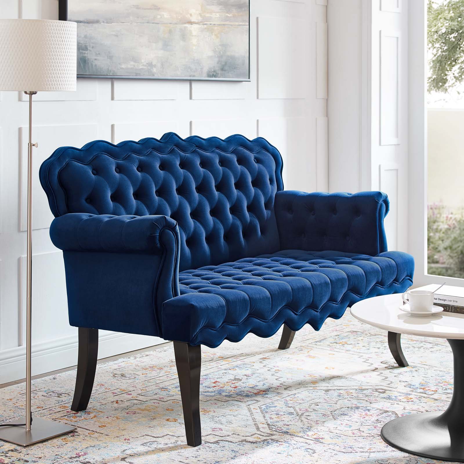 Viola Chesterfield Button Tufted Loveseat Performance Velvet Settee Navy