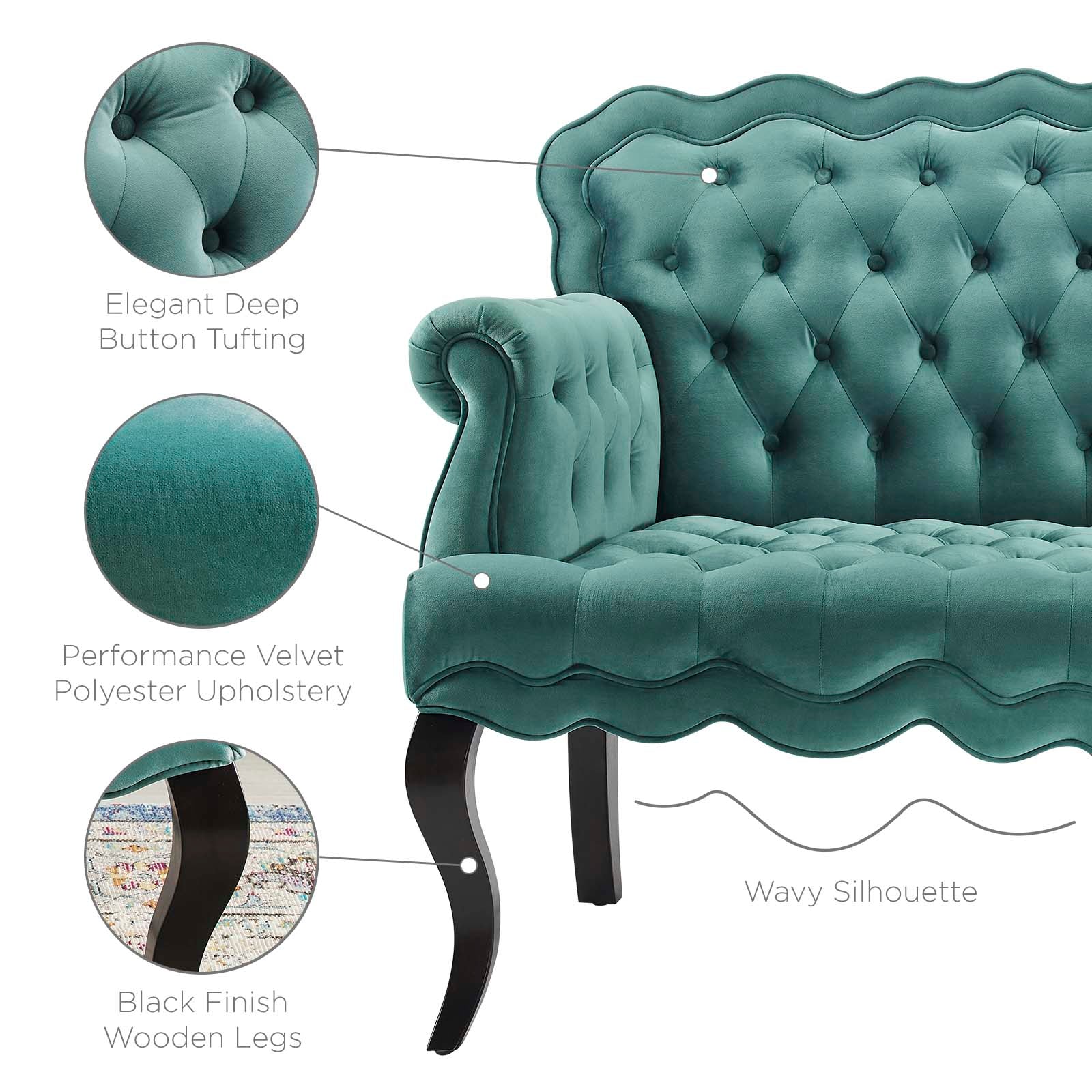Modway Loveseats - Viola Chesterfield Button Tufted Loveseat Performance Velvet Settee Teal