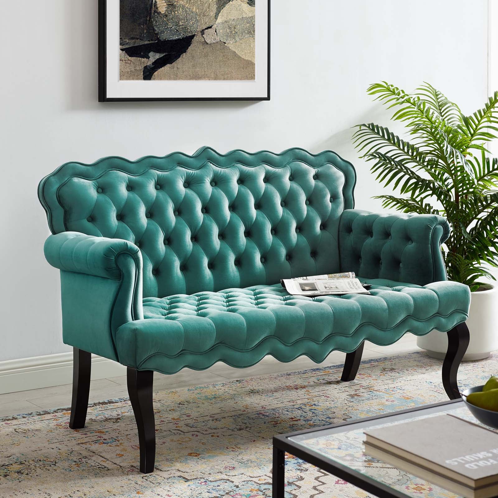 Modway Loveseats - Viola Chesterfield Button Tufted Loveseat Performance Velvet Settee Teal