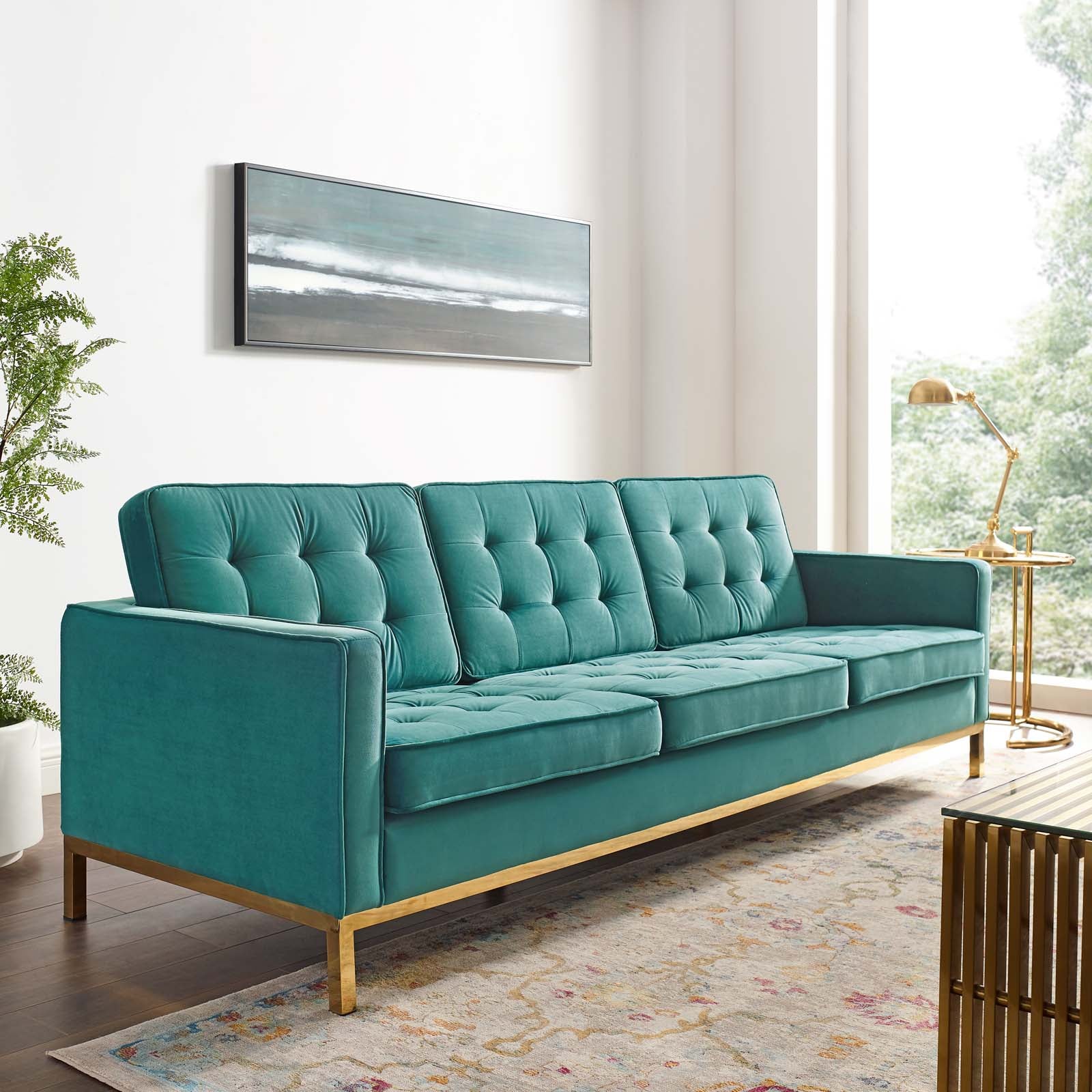 Modway Sofas & Couches - Loft Gold Stainless Steel Leg Performance Velvet Sofa Gold And Teal