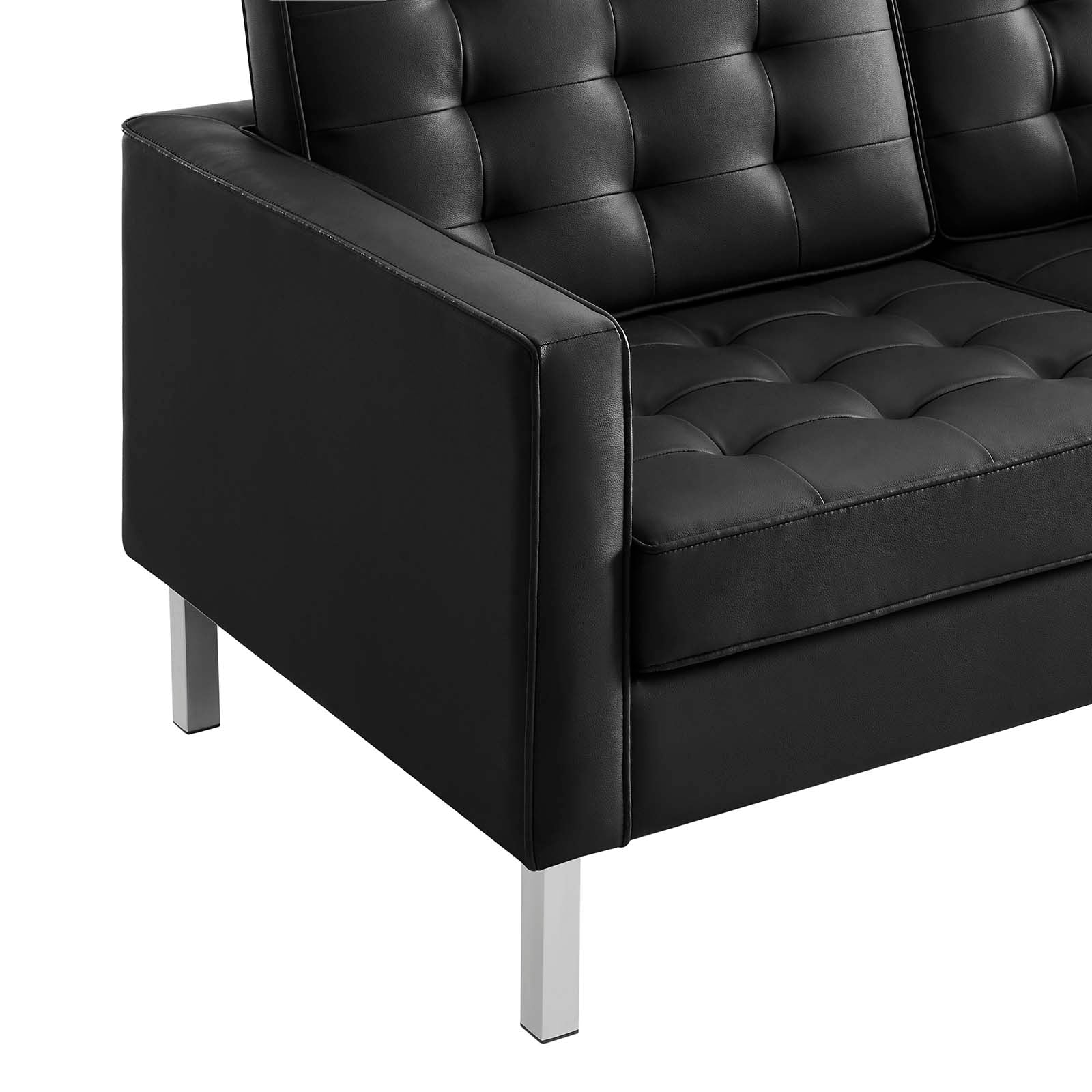 Modway Loveseats - Loft-Tufted-Vegan-Leather-Loveseat-Silver-Black