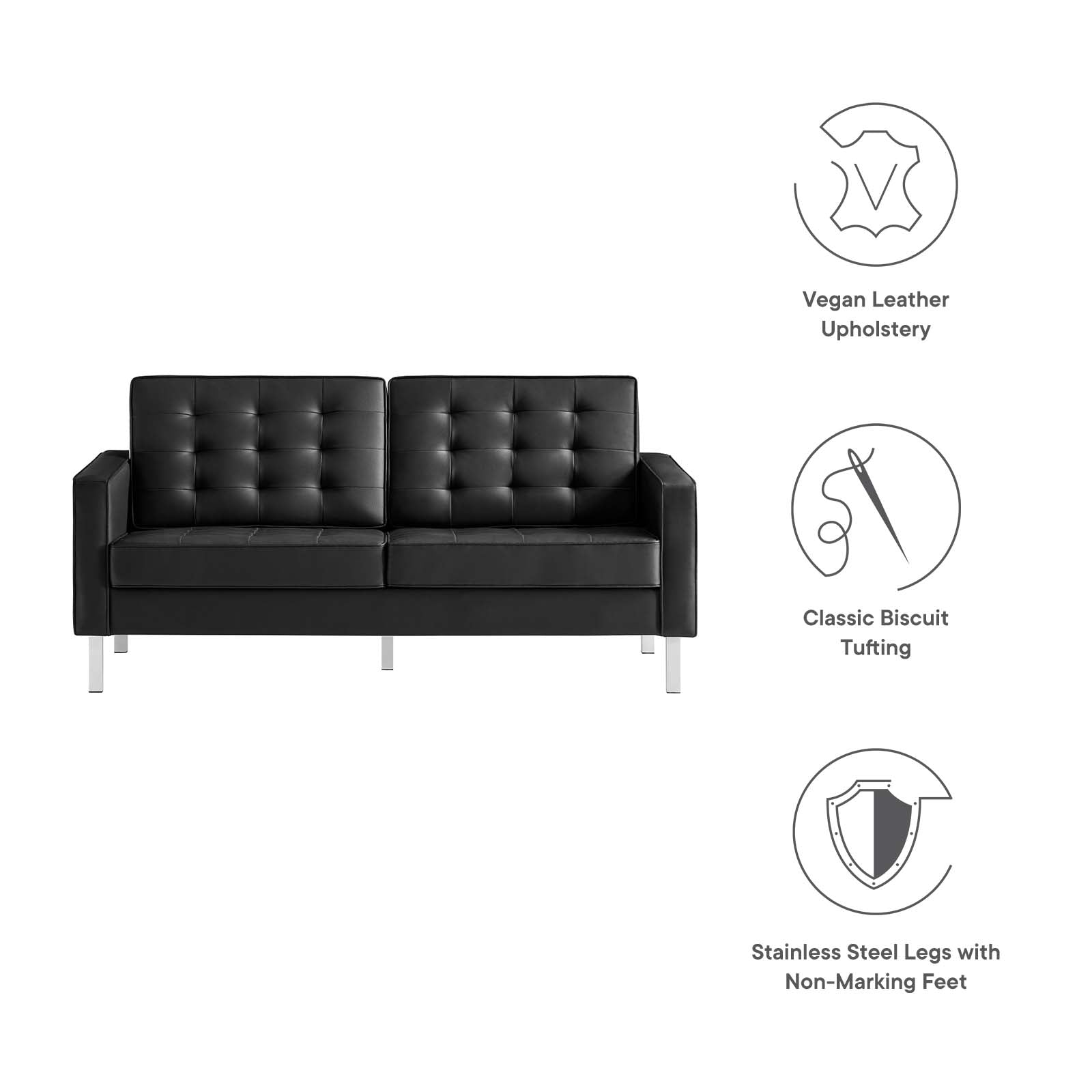 Modway Loveseats - Loft-Tufted-Vegan-Leather-Loveseat-Silver-Black