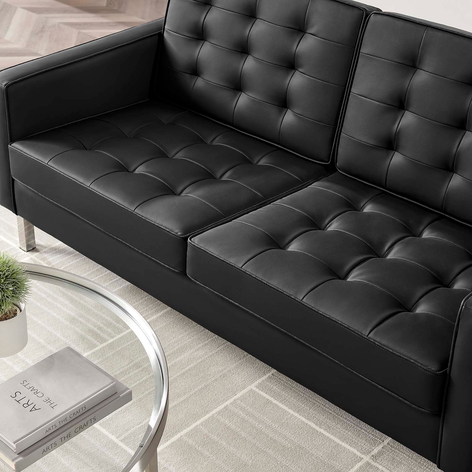 Modway Loveseats - Loft-Tufted-Vegan-Leather-Loveseat-Silver-Black