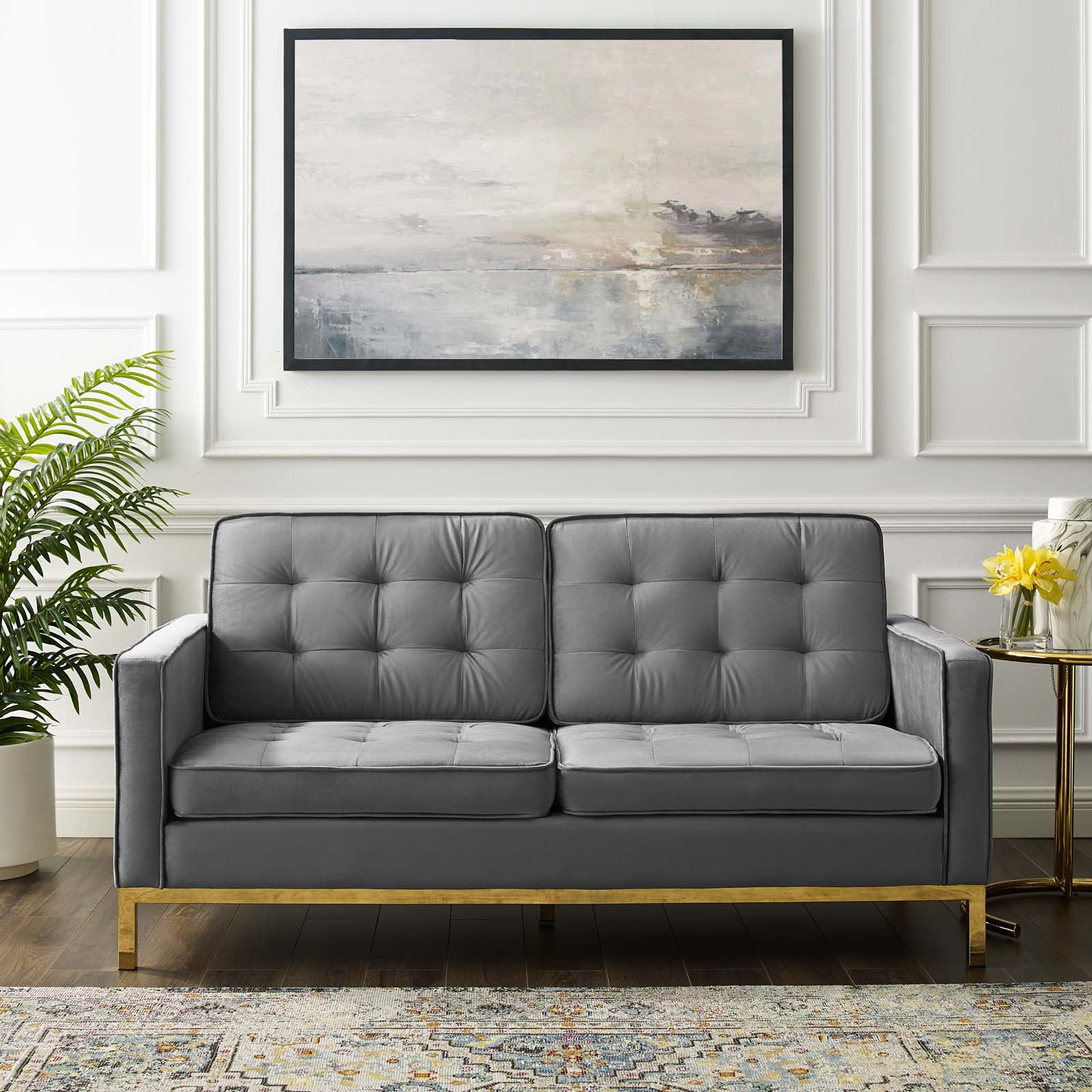 Modway Loveseats - Loft Gold Stainless Steel Leg Performance Velvet Loveseat Gold Gray