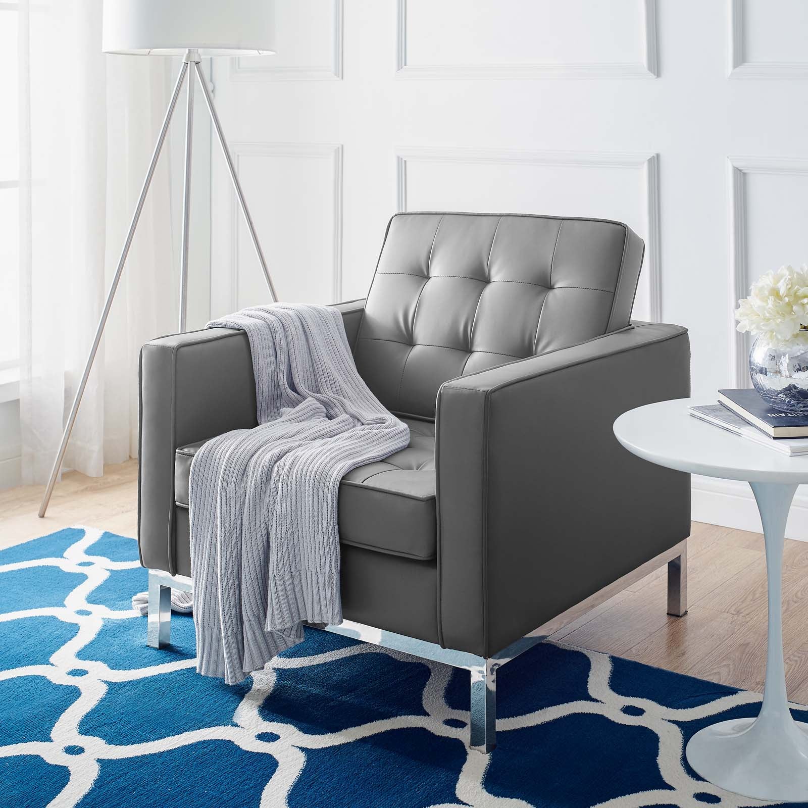 Modway Accent Chairs - Loft Tufted Upholstered Faux Leather Armchair Silver Gray