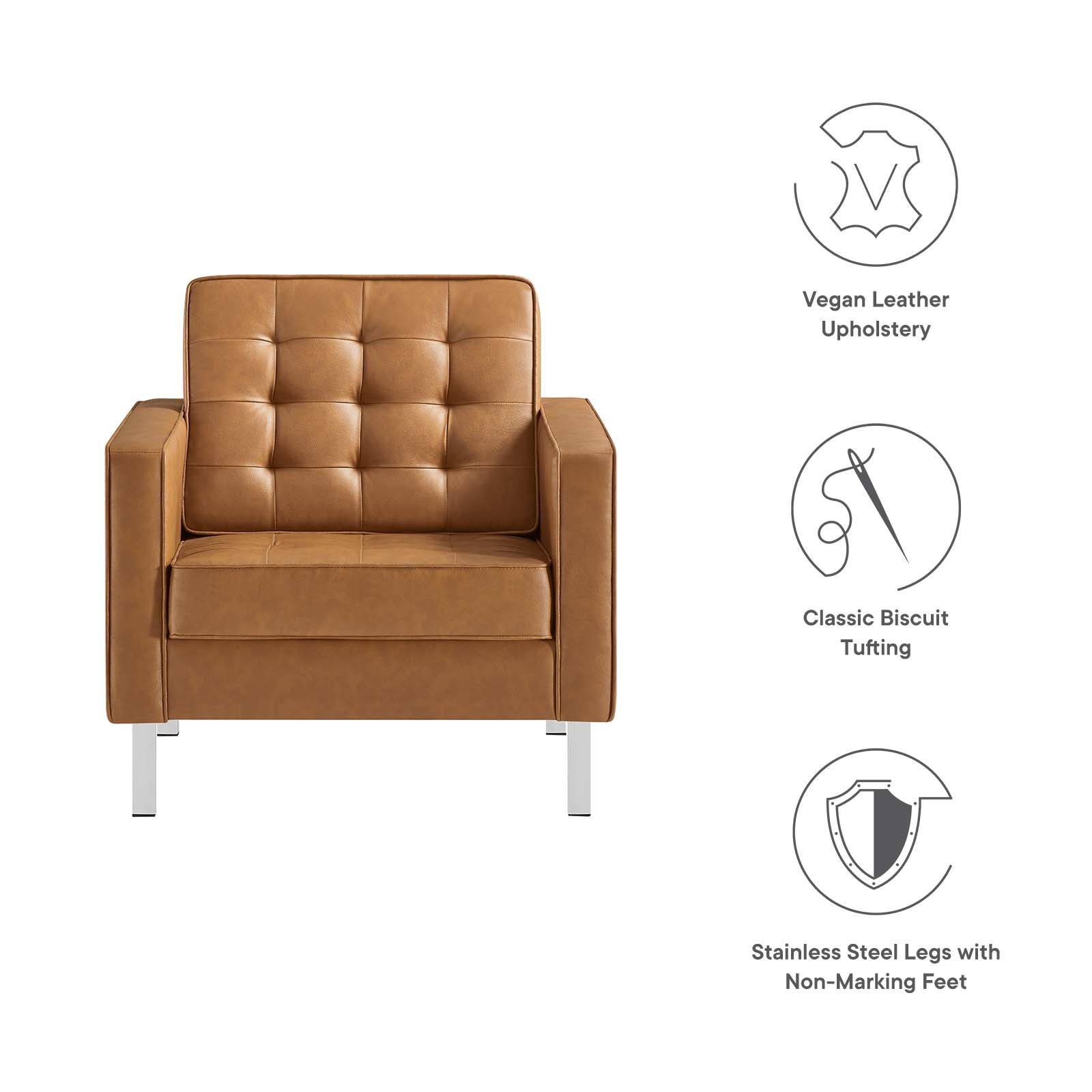 Modway Accent Chairs - Loft Tufted Upholstered Faux Leather Armchair Silver Tan