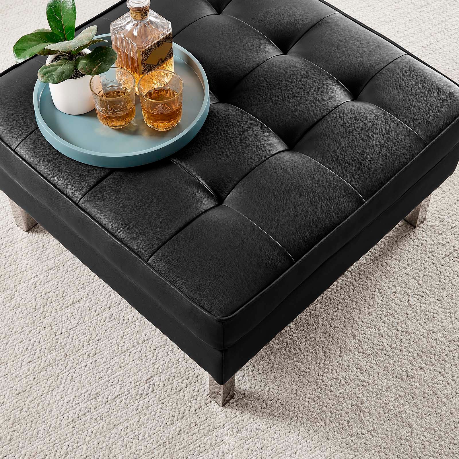 Modway Ottomans & Stools - Loft Tufted Upholstered Faux Leather Ottoman Silver Black