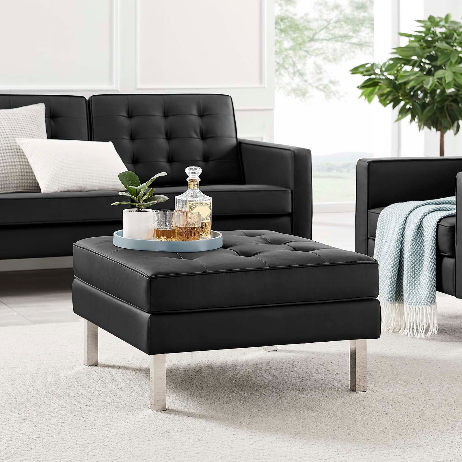 Modway Ottomans & Stools - Loft Tufted Upholstered Faux Leather Ottoman Silver Black