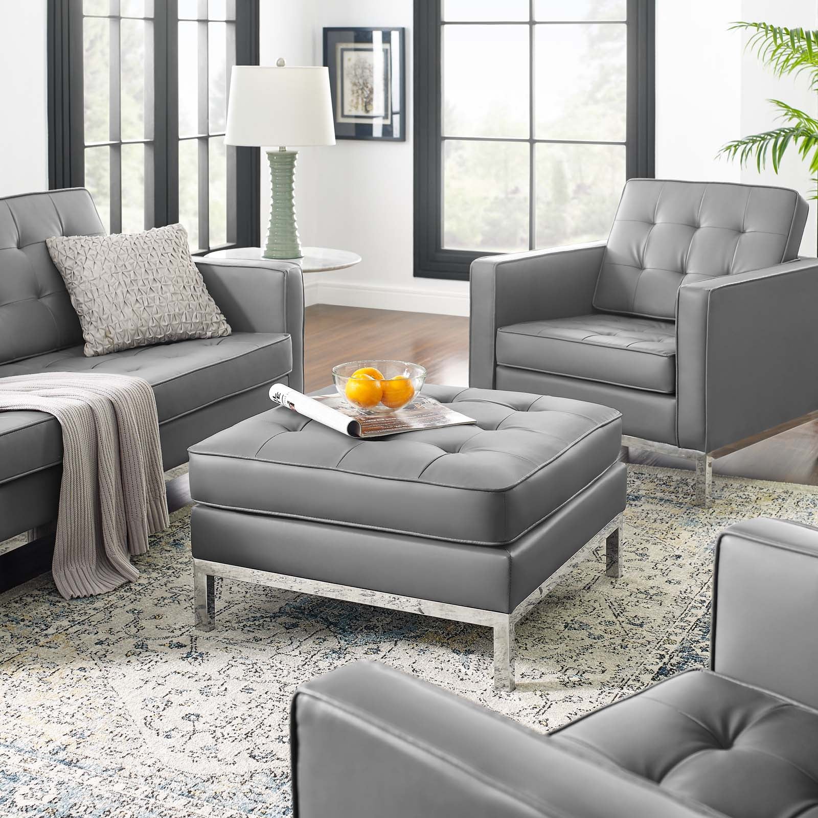 Modway Ottomans & Stools - Loft Tufted Upholstered Faux Leather Ottoman Silver Gray