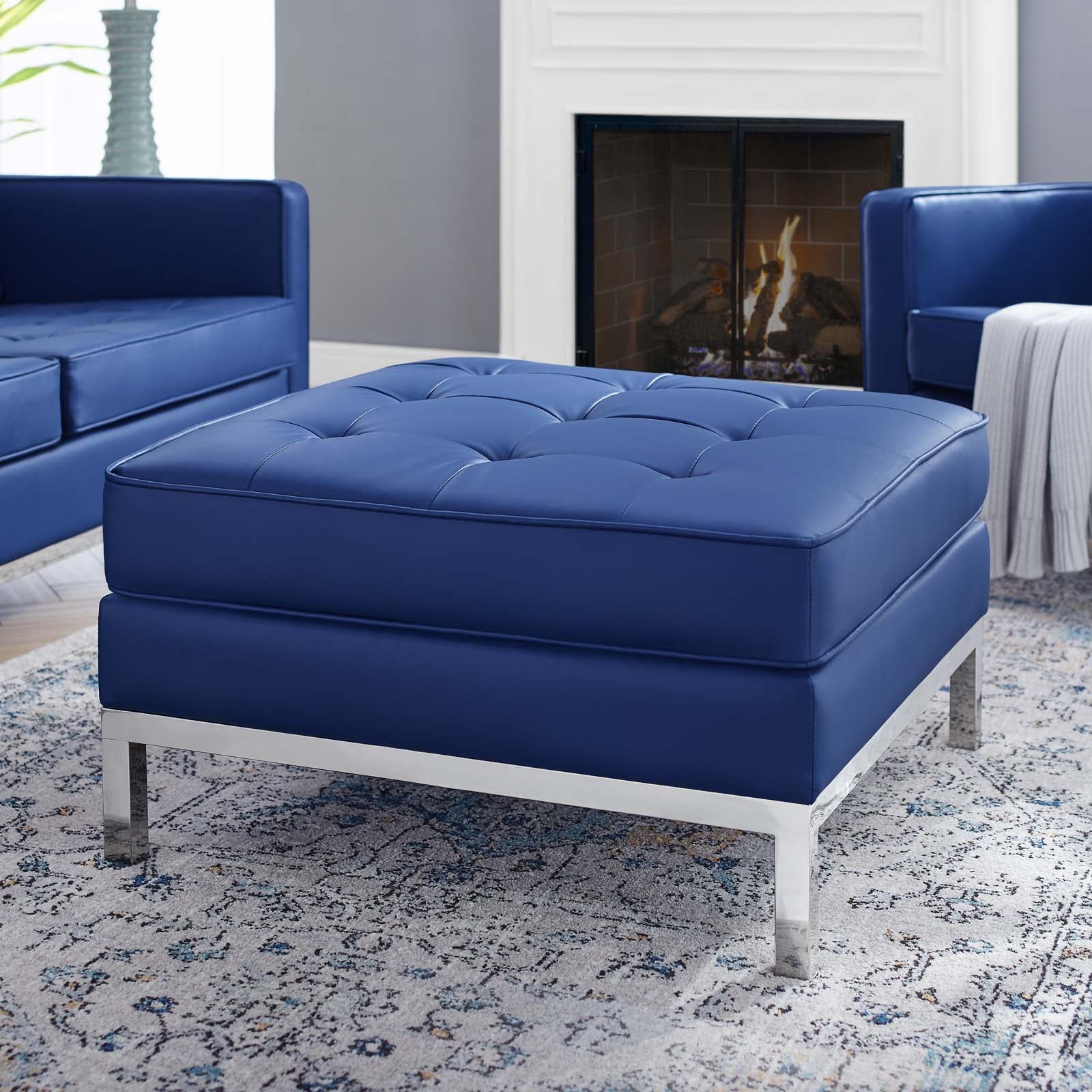 Modway Ottomans & Stools - Loft Tufted Upholstered Faux Leather Ottoman Silver Navy