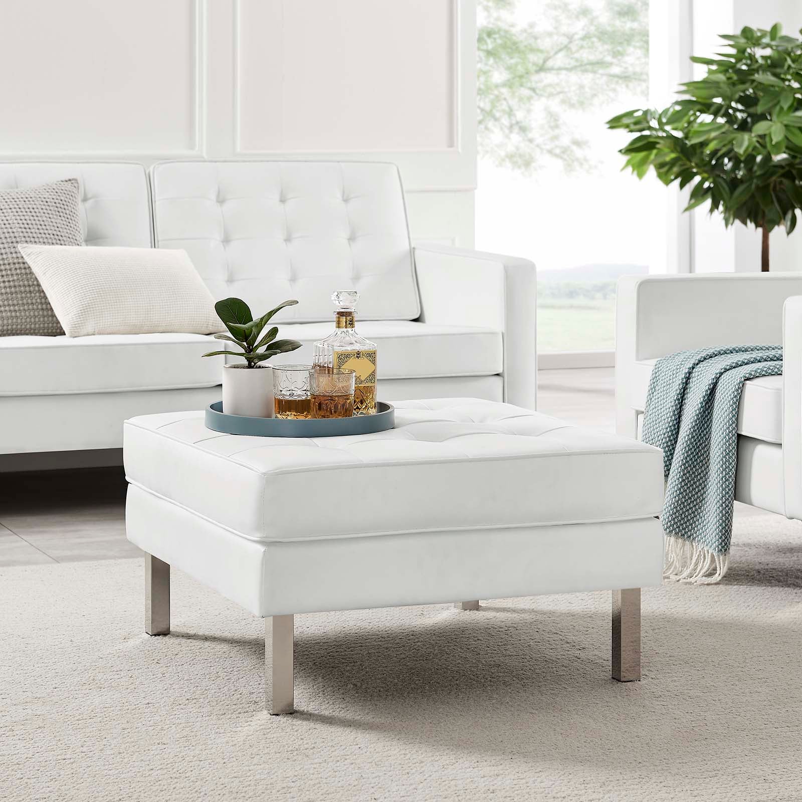 Modway Ottomans & Stools - Loft Tufted Upholstered Faux Leather Ottoman Silver White