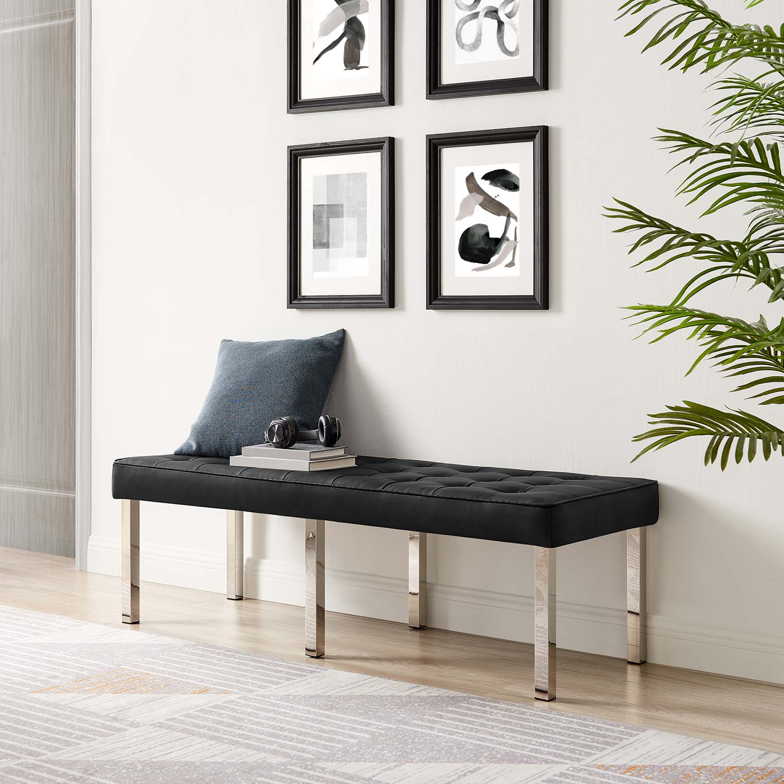 Modway Benches - Loft Tufted Large Upholstered Faux Leather Bench Silver Black