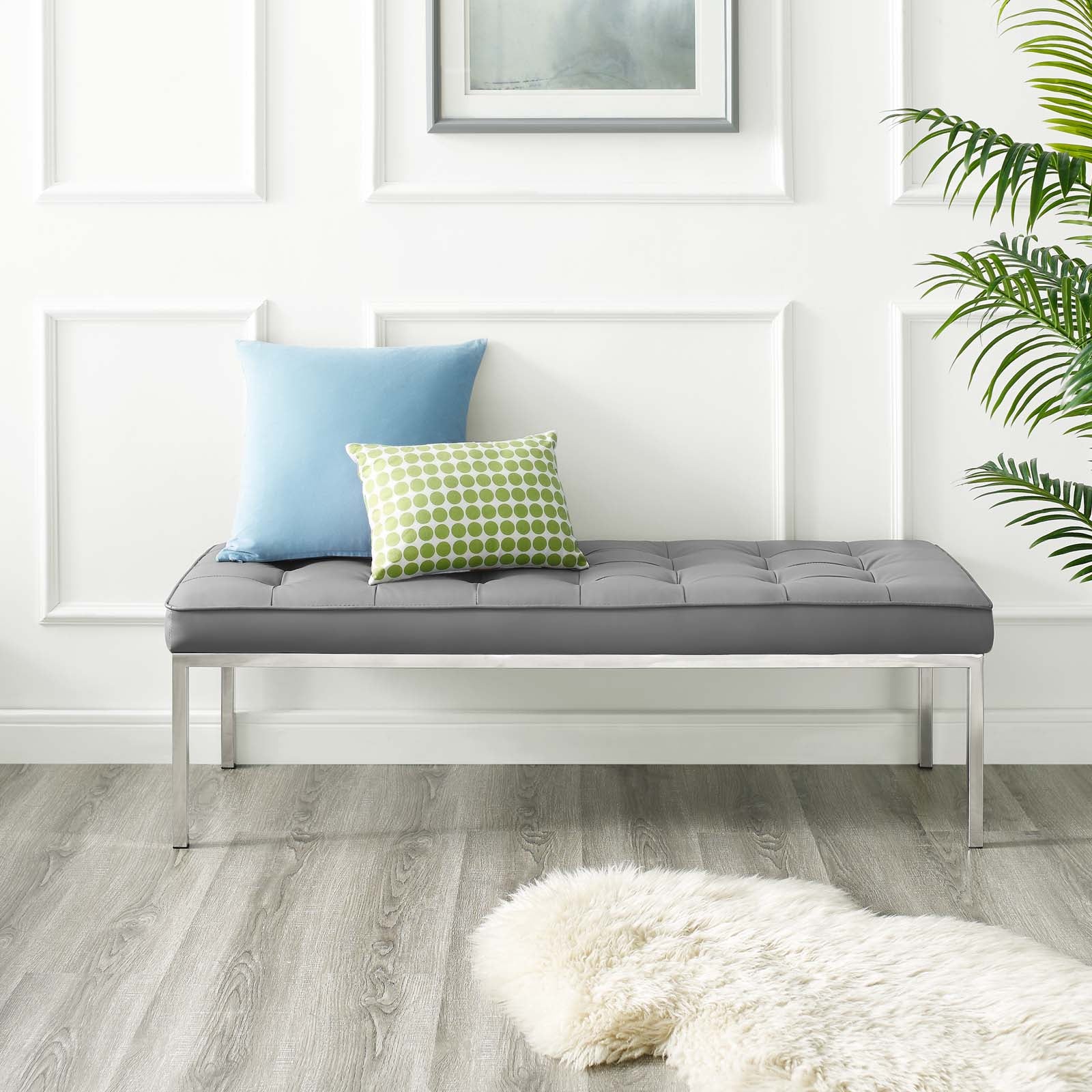 Modway Benches - Loft Tufted Large Upholstered Faux Leather Bench Silver Gray